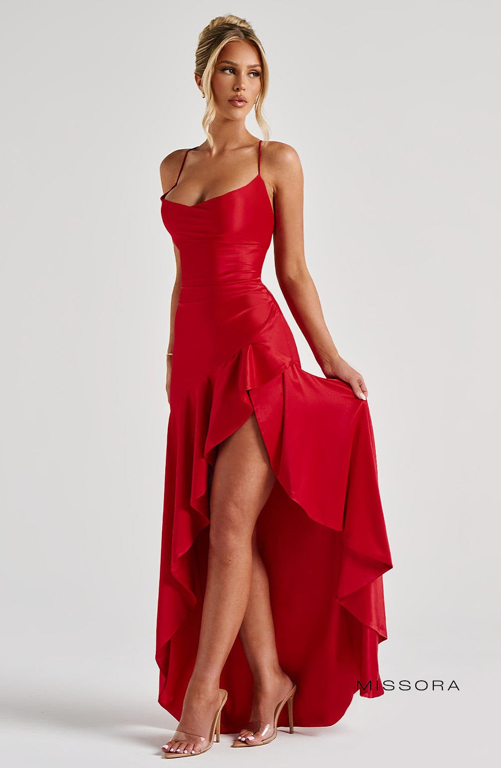 Missora Bernadette Ruffle Satin Maxi Dress - Red