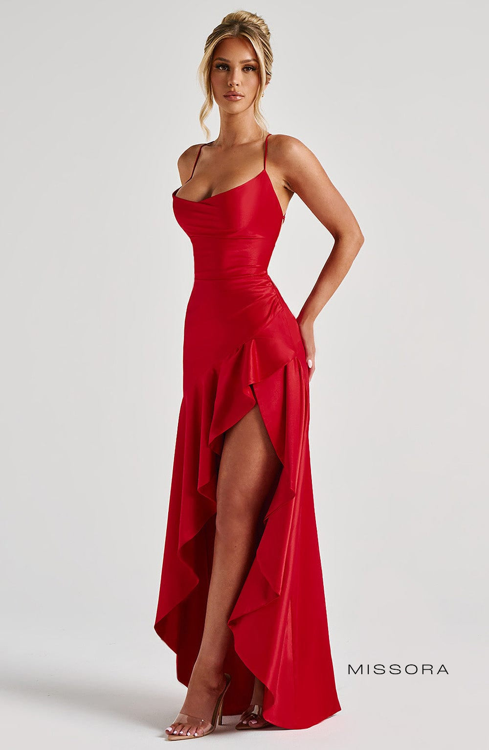 Missora Bernadette Ruffle Satin Maxi Dress - Red