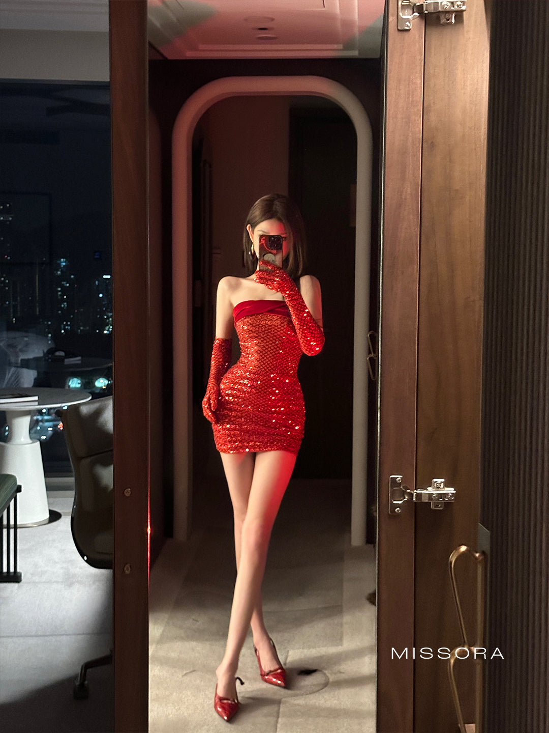 Cherry Straplez Payetli Mini Elbise [LAH0GH3F]