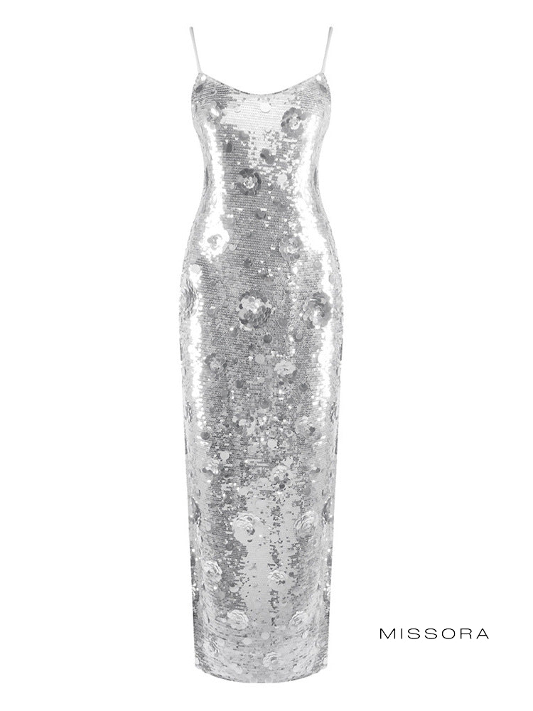 Denisse Pul Payetli Askılı Maksi Elbise [F4PTRZZE]