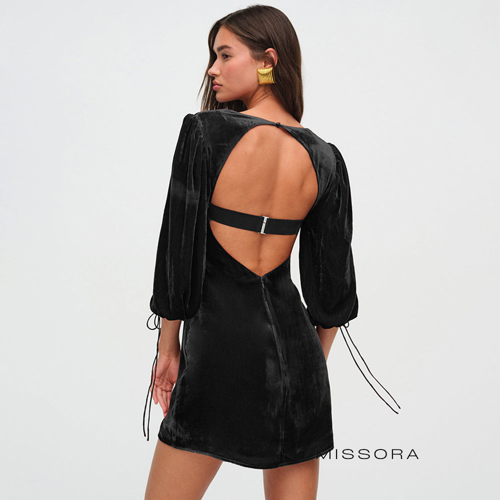 Dia Kadife Kare Yaka Mini Elbise [21P5KHDO]