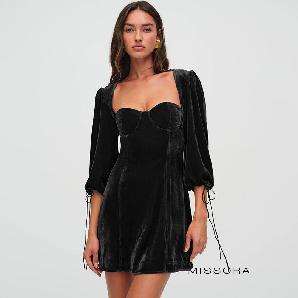 Dia Kadife Kare Yaka Mini Elbise [8C23TGQB]