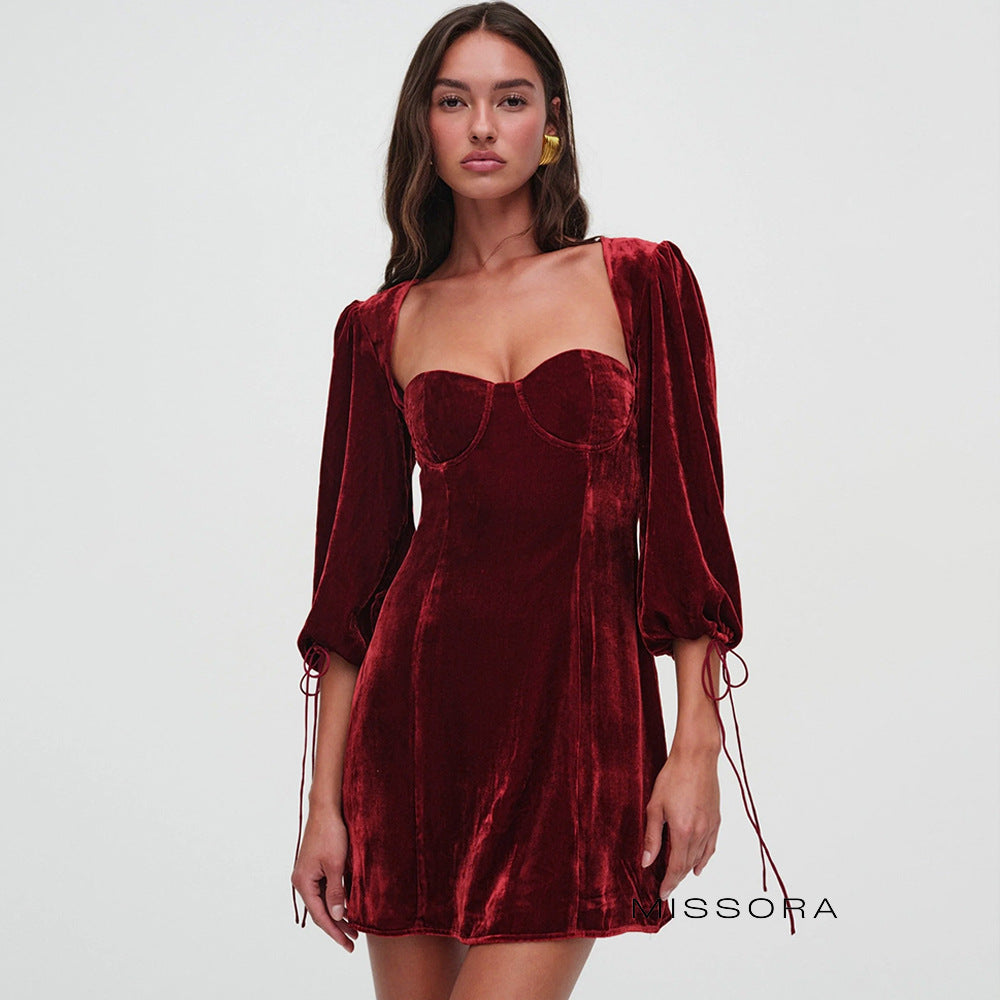 Dia Kadife Kare Yaka Mini Elbise [B2VJLU11]