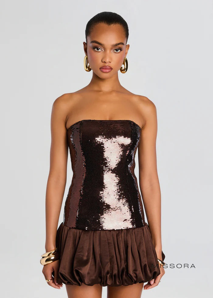 Evangelina Straplez Payetli Mini Elbise [KJTKYNPN]