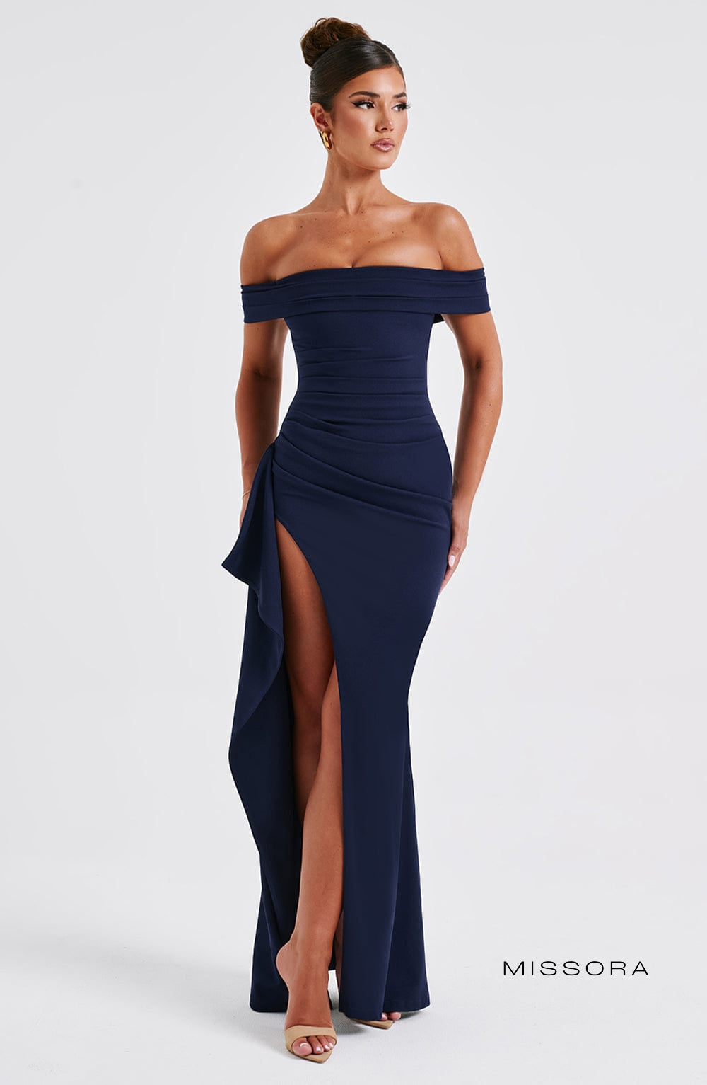 Missora Harli Pleated Bardot Maxi Dress - Navy