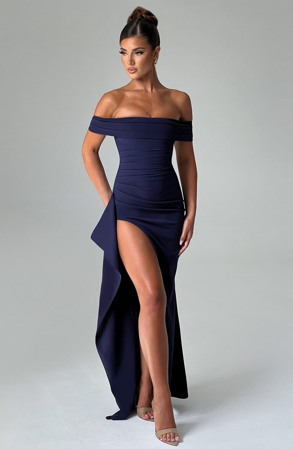 Missora Harli Pleated Bardot Maxi Dress - Navy