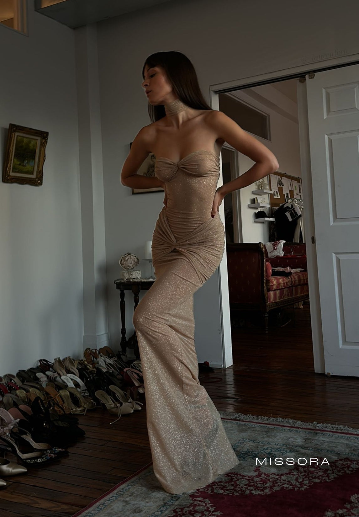 Izabelle Işıltılı Sırt Dekolteli Maksi Elbise [GTI800G7]