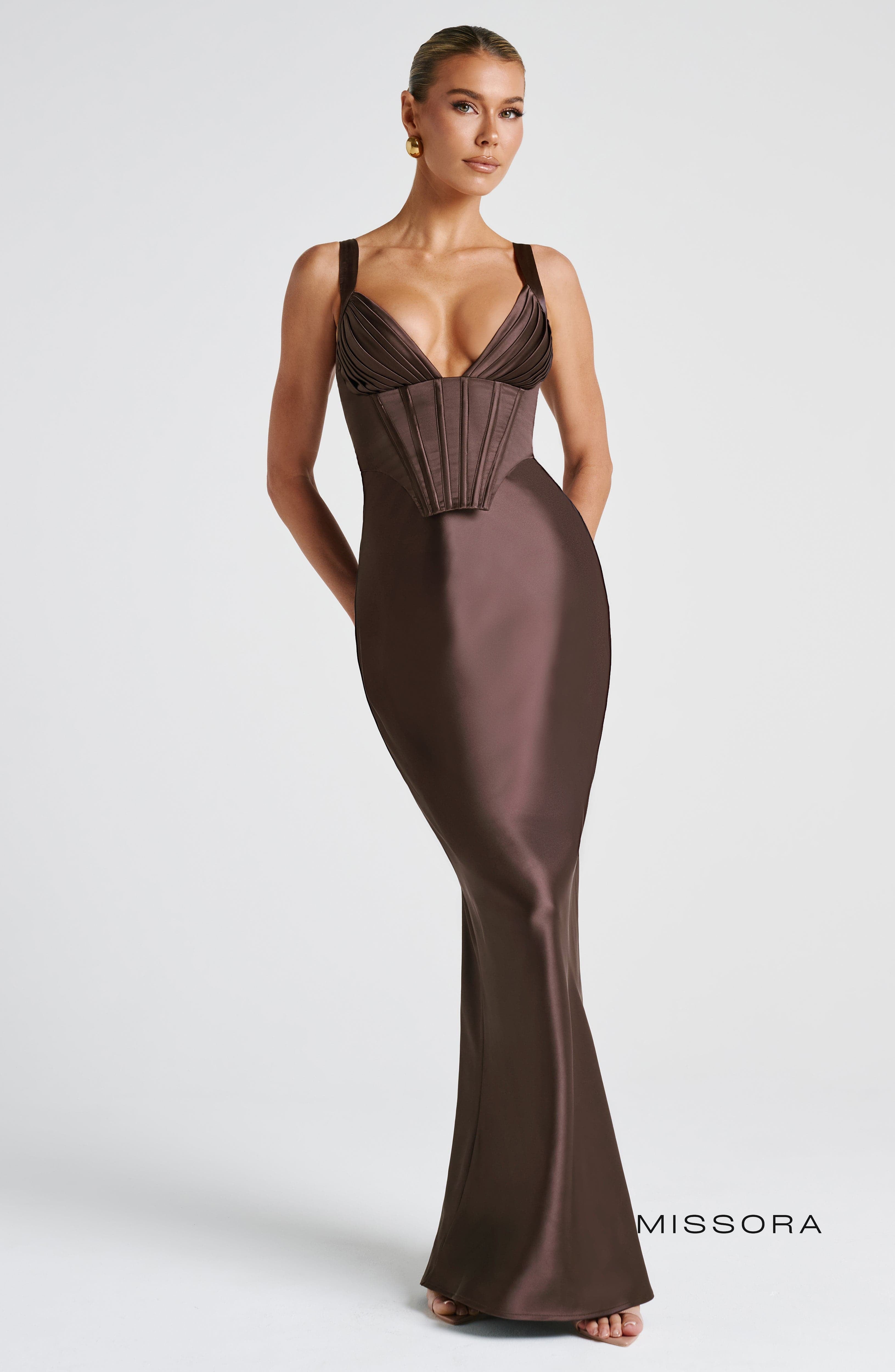 Missora Kaiden Corset Satin Maxi Dress - Plum Brown