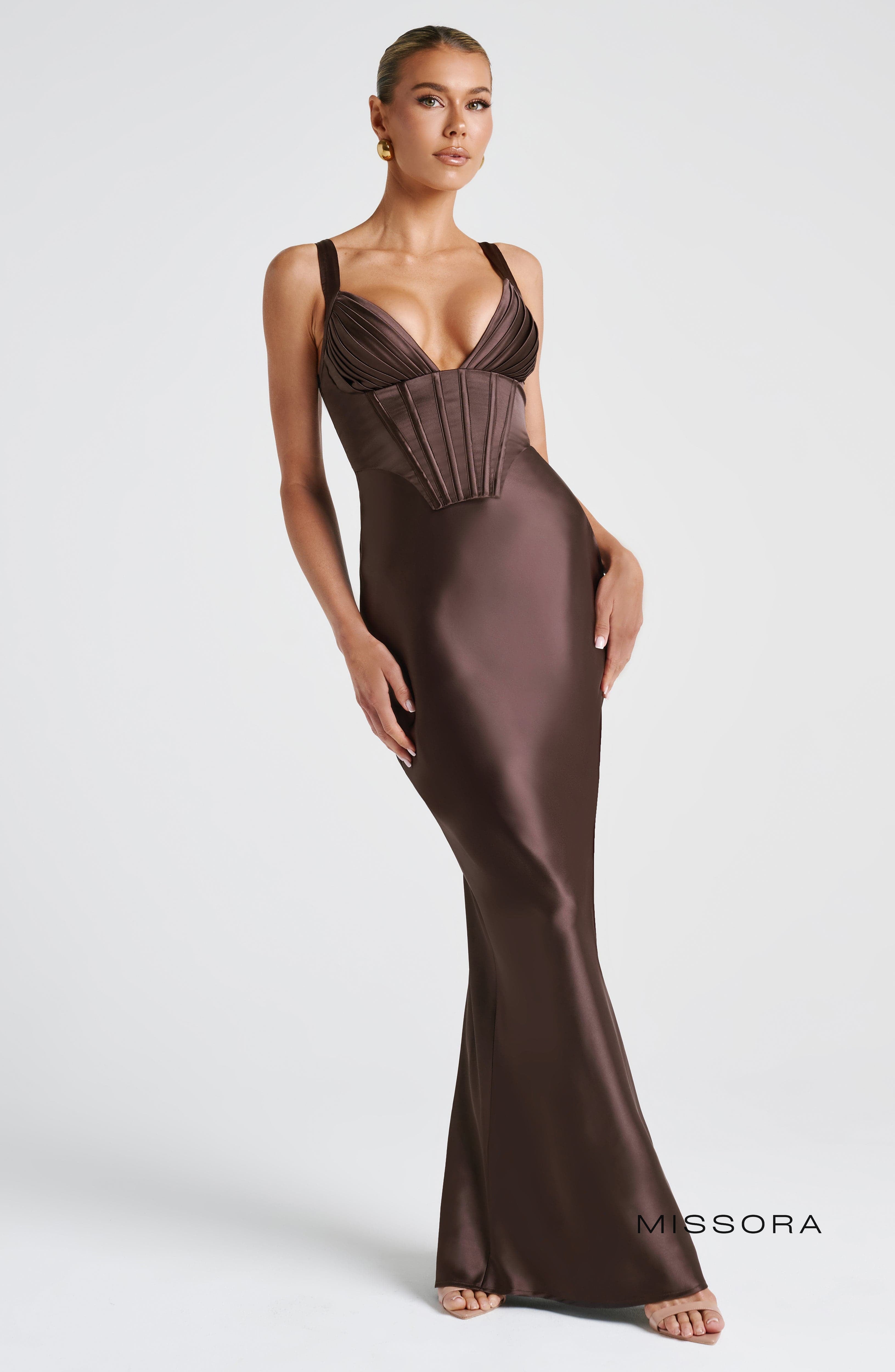 Missora Kaiden Corset Satin Maxi Dress - Plum Brown