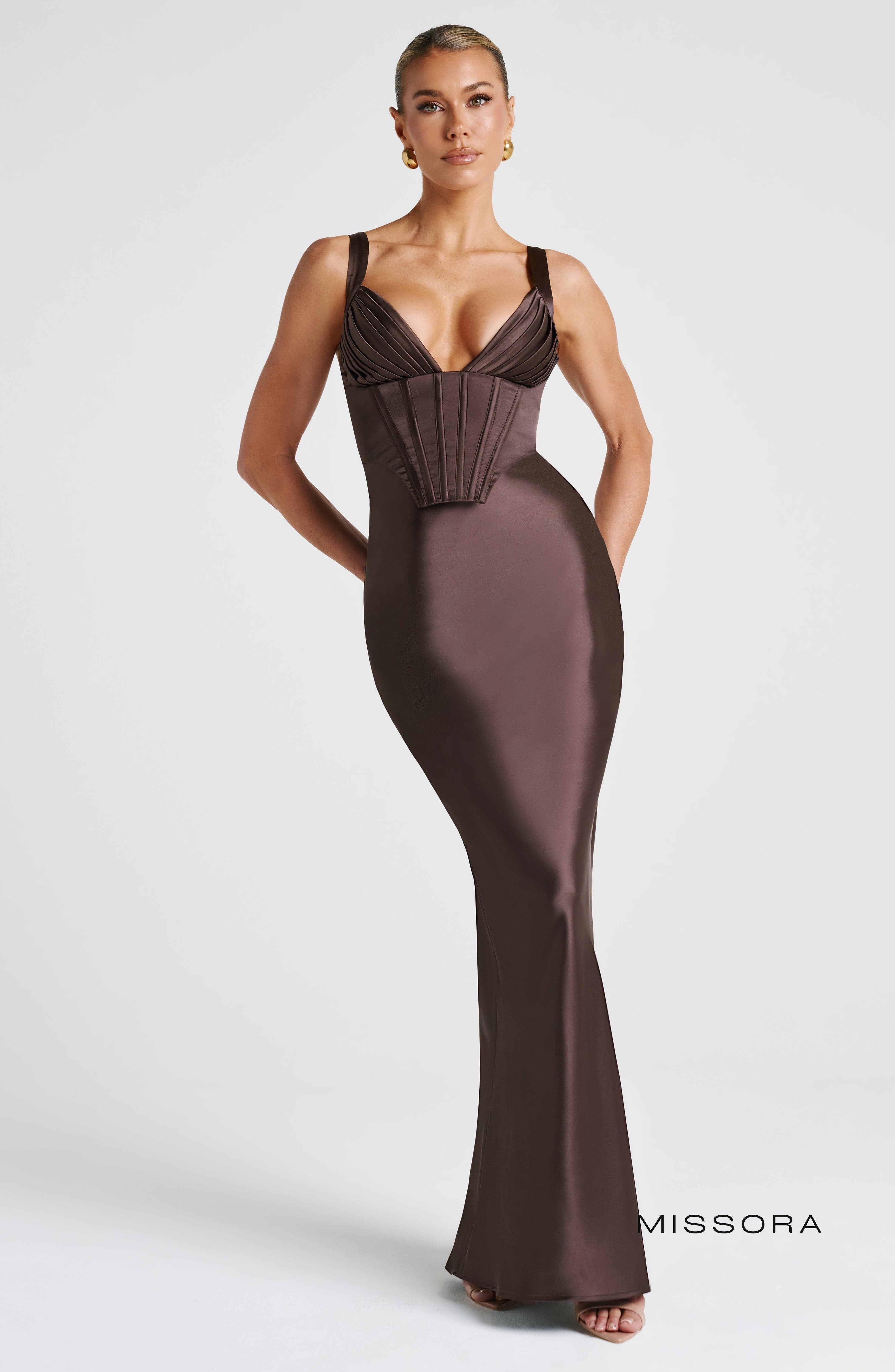 Missora Kaiden Corset Satin Maxi Dress - Plum Brown