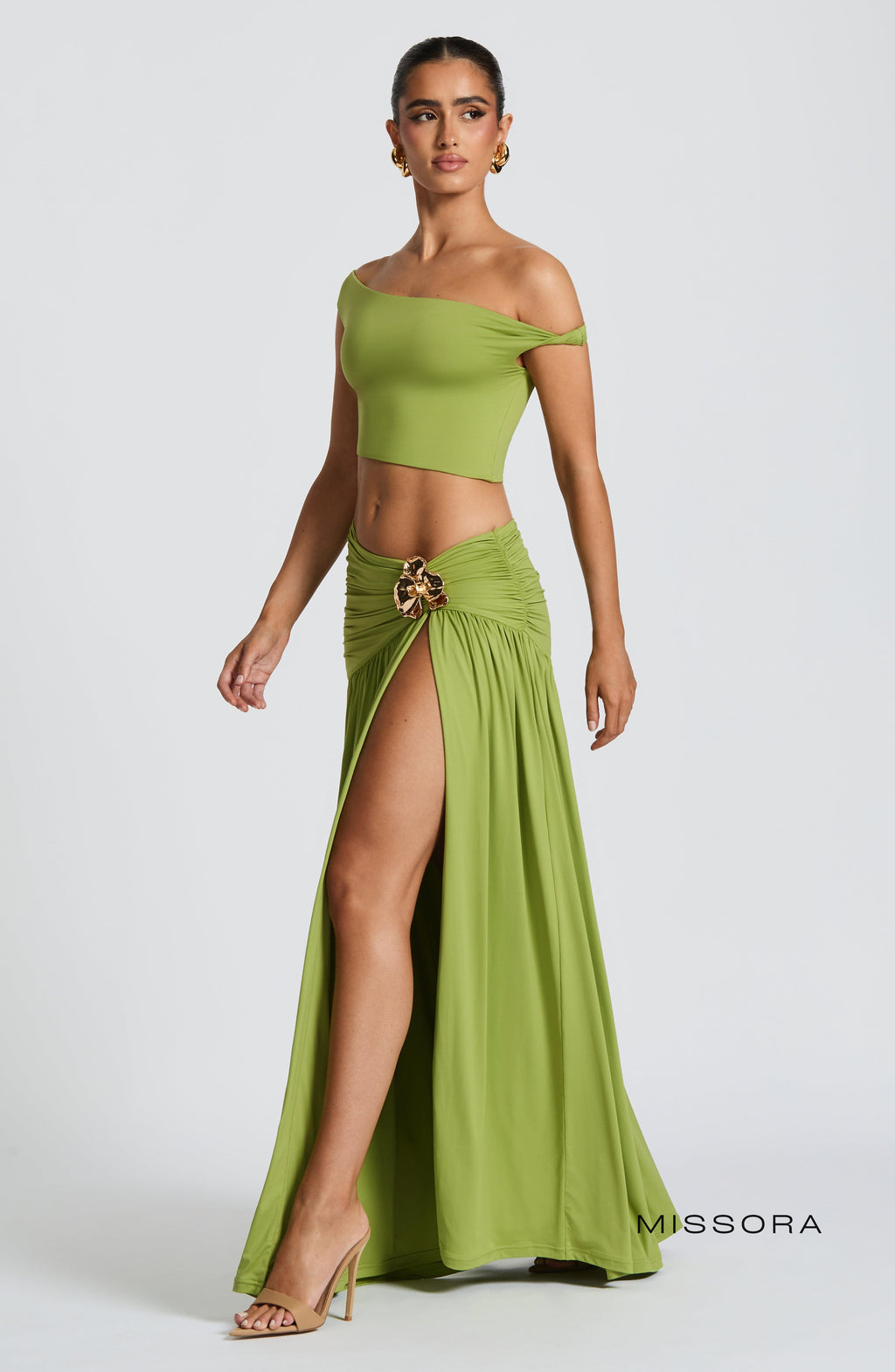Missora Karol Floral Ruched Maxi Skirt - Olive