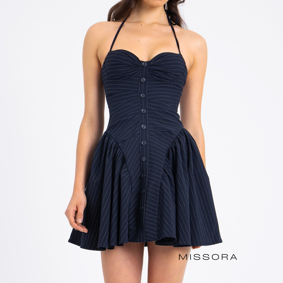Keilani Çizgili Halter Mini Elbise [AISTEII2]