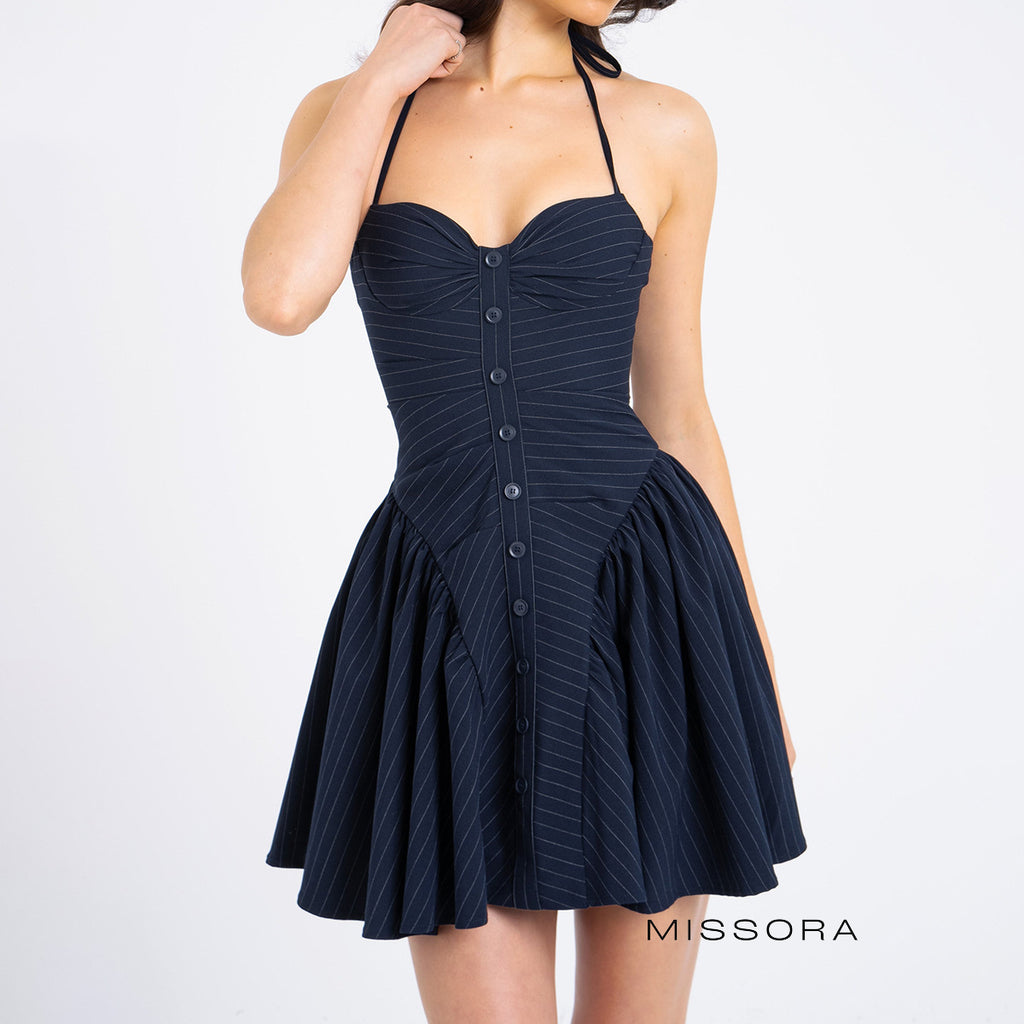 Keilani Çizgili Halter Mini Elbise [7112TD7F]