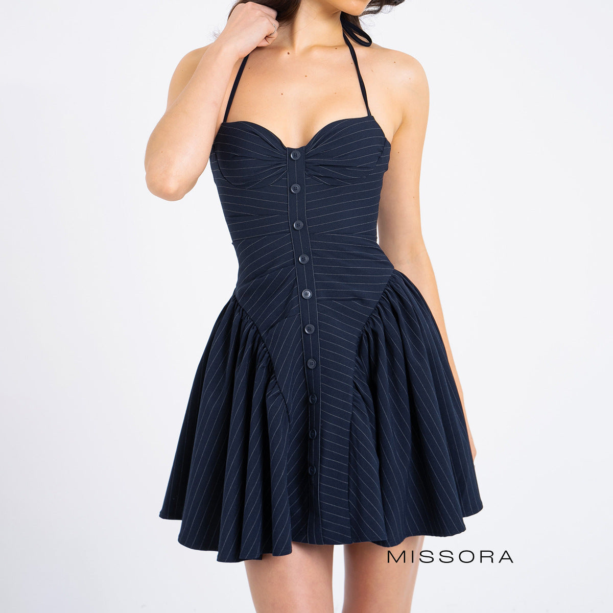 Keilani Çizgili Halter Mini Elbise [7112TD7F]