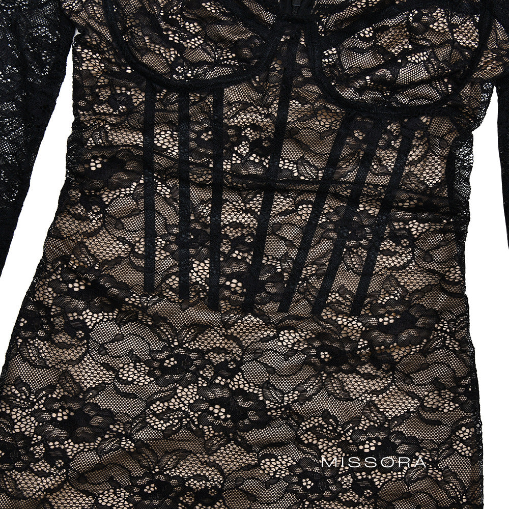 Mattison Dantel Desenli Açık Sırt Mini Elbise [JC8CIZII]