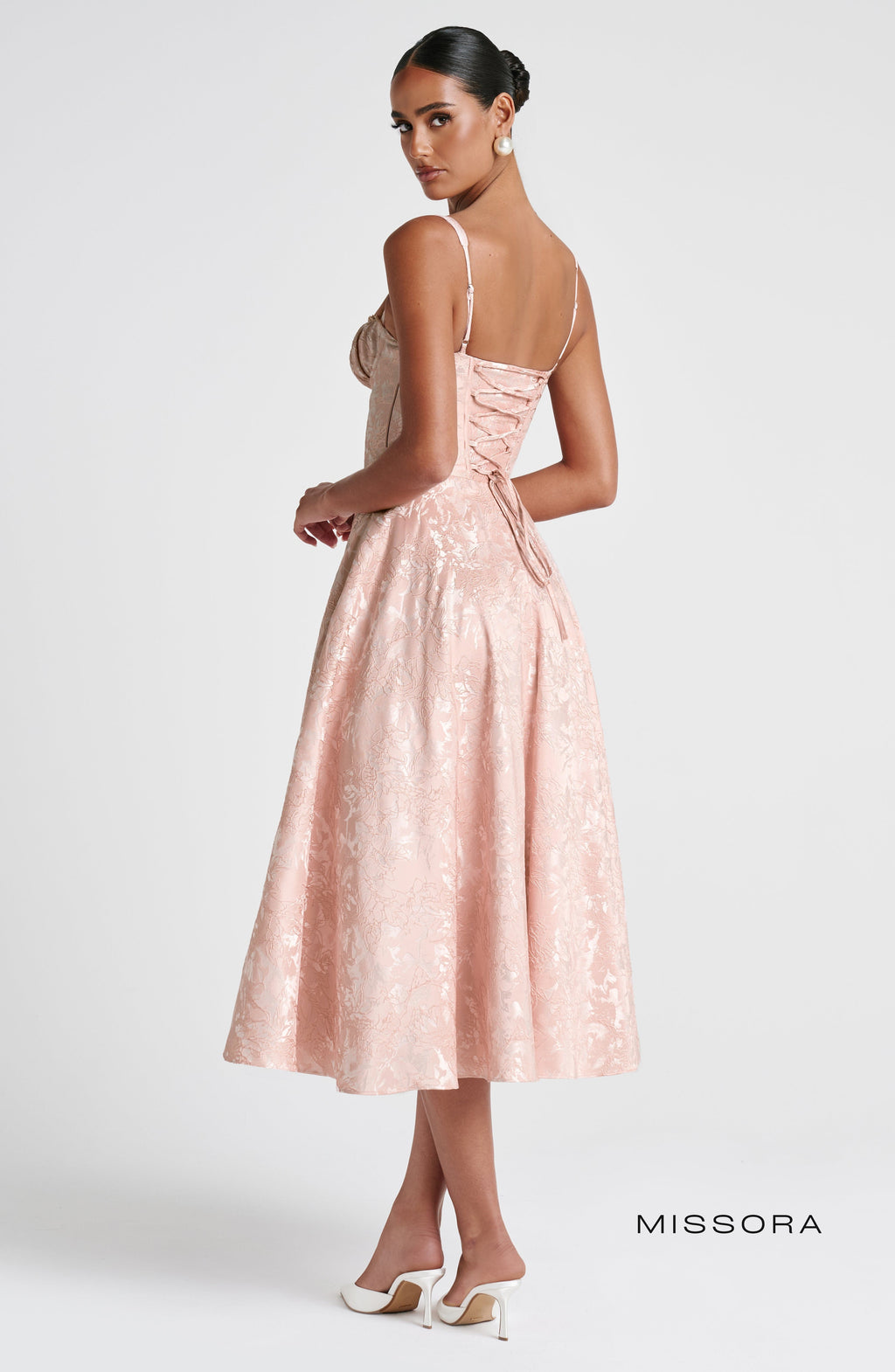 Missora Noelia Corset Lace Midi Dress - Soft Peach