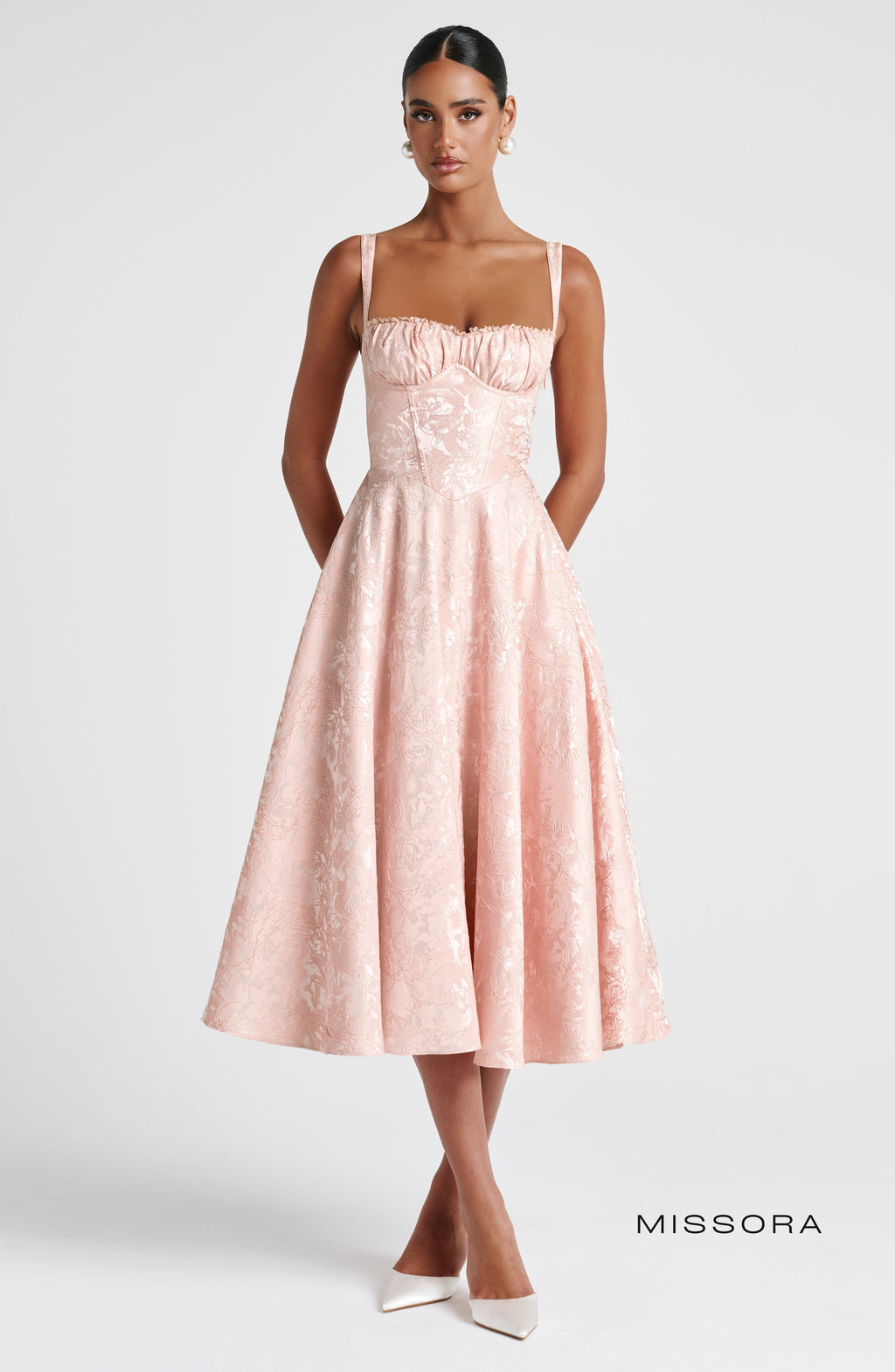 Missora Noelia Corset Lace Midi Dress - Soft Peach
