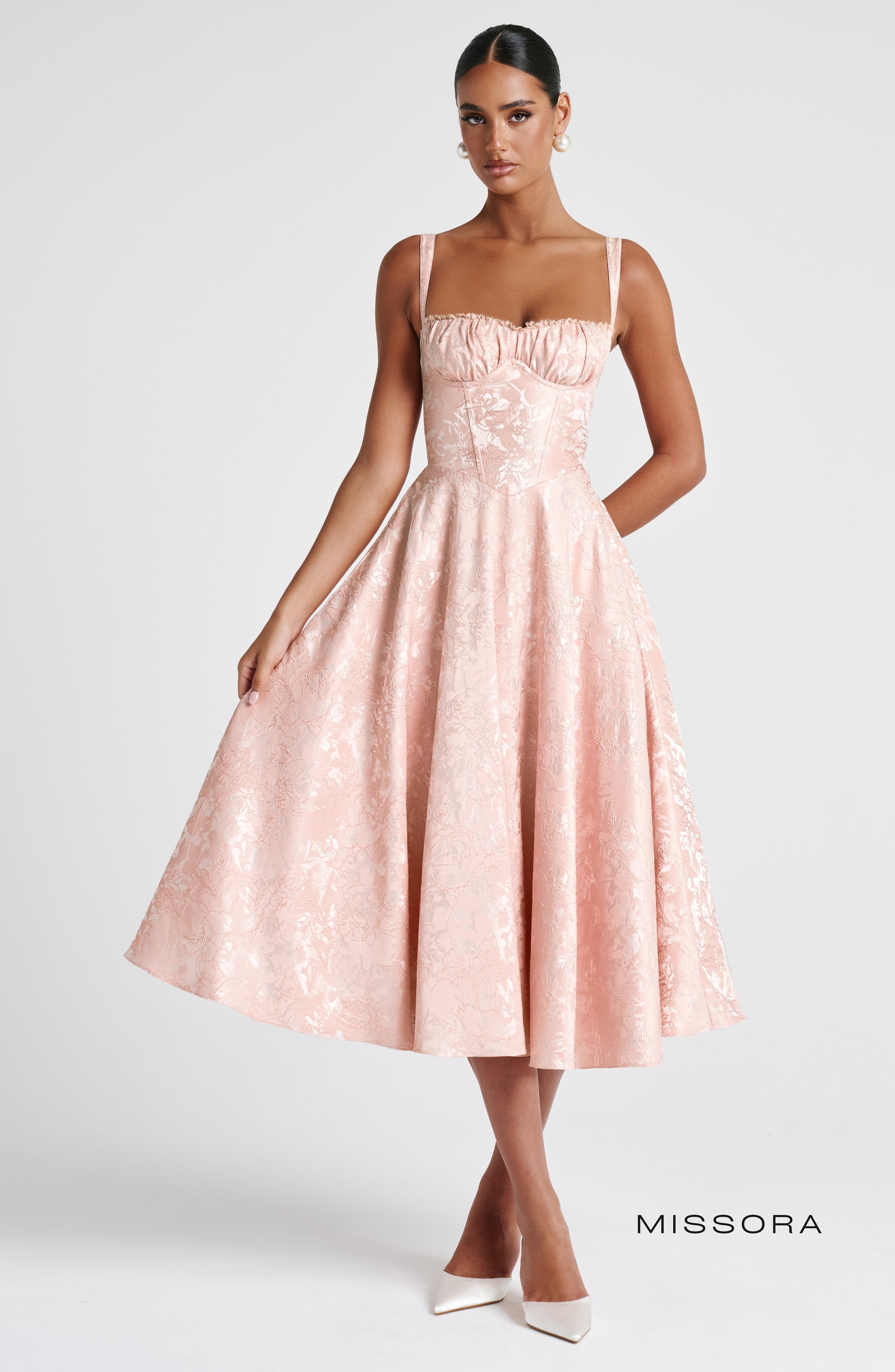 Missora Noelia Corset Lace Midi Dress - Soft Peach