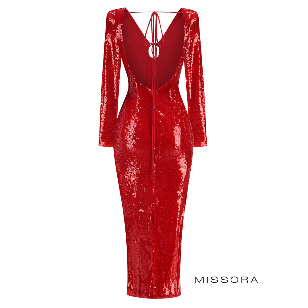 November Payetli Sırt Dekolteli Maksi Elbise [21YXAIII]