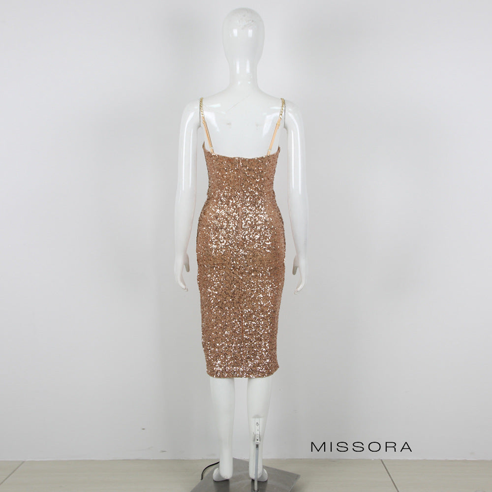 Nya V Yaka Askılı Midi Elbise [2A1KHLAP]