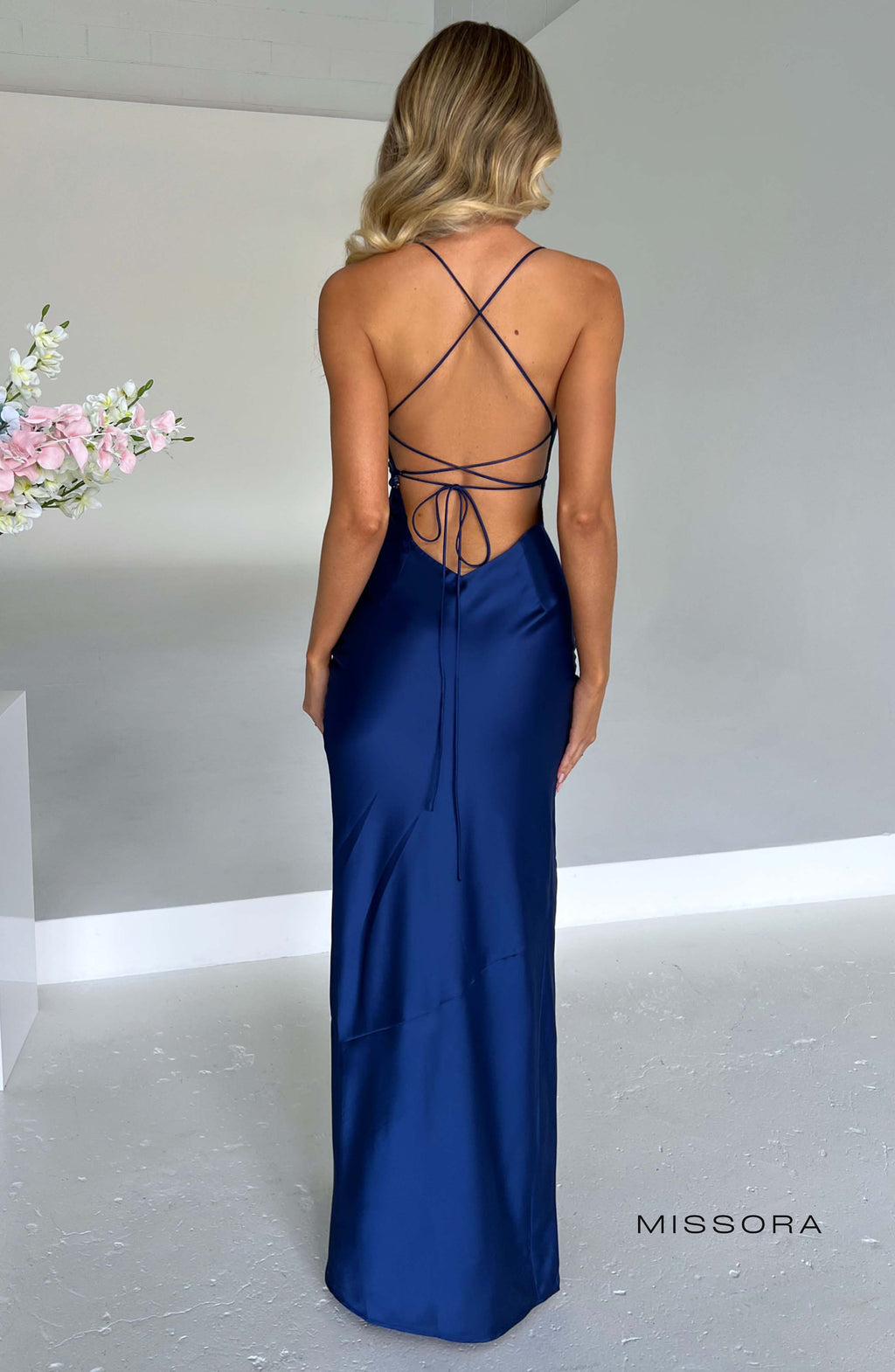 Missora Paxtyn Satin Slit Maxi Dress - Navy