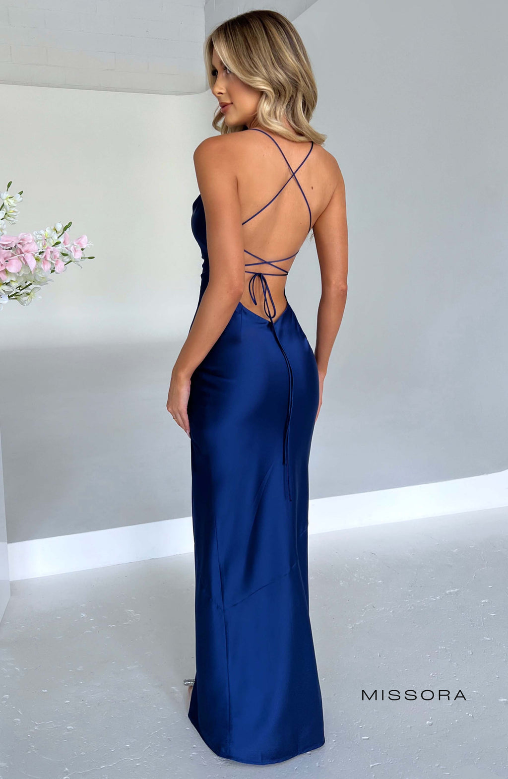 Missora Paxtyn Satin Slit Maxi Dress - Navy