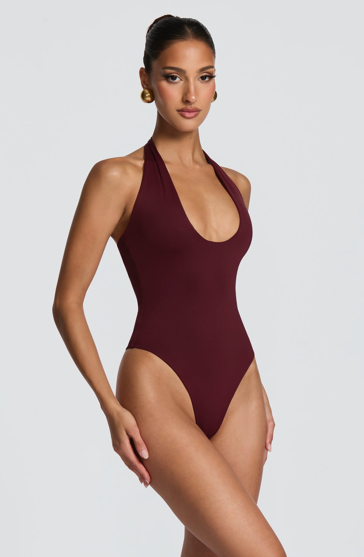 Missora Ramsey Plunging Halter Bodysuit - Cherry Lacquer