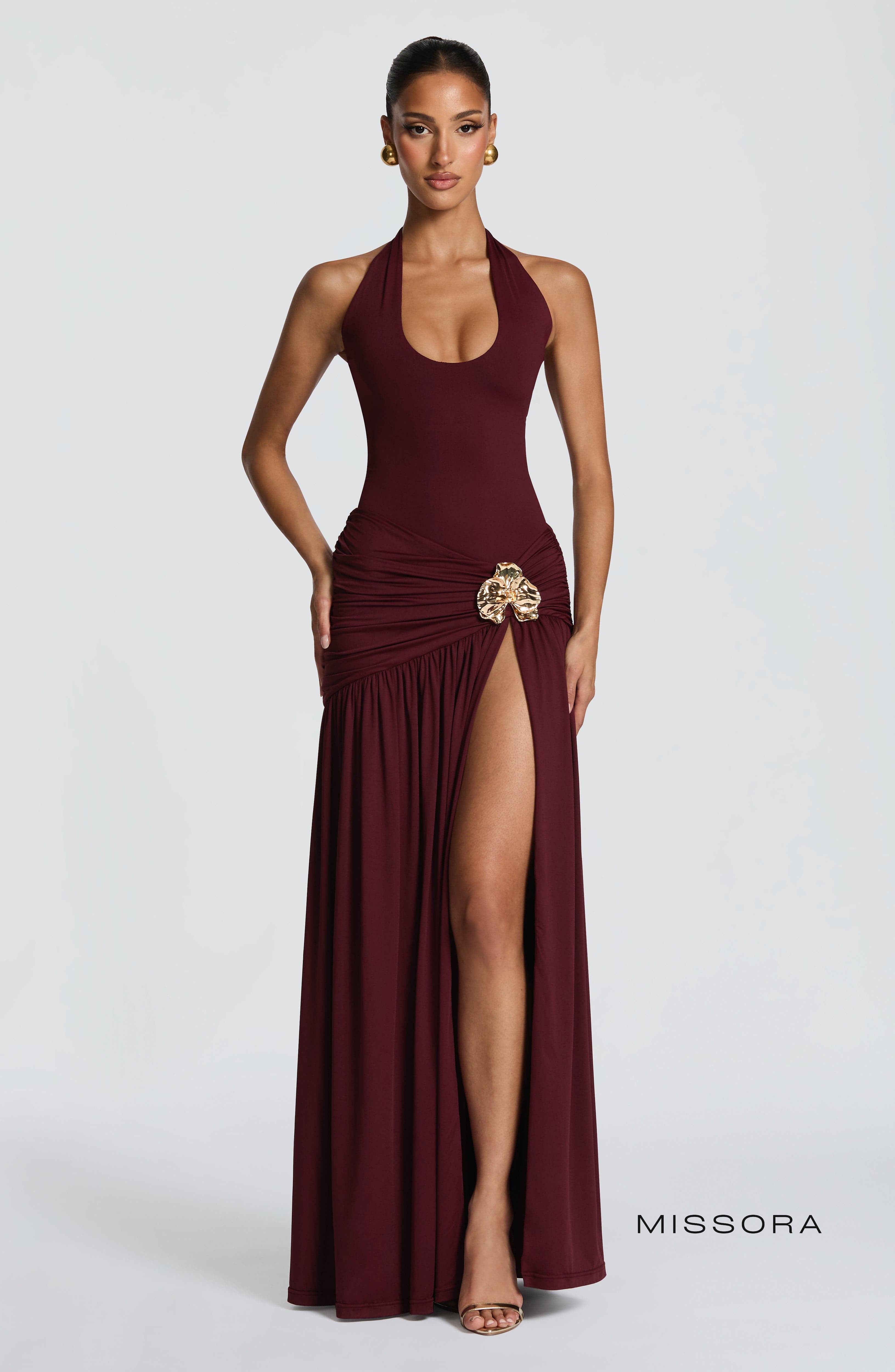 Missora Ramsey Plunging Halter Bodysuit - Cherry Lacquer