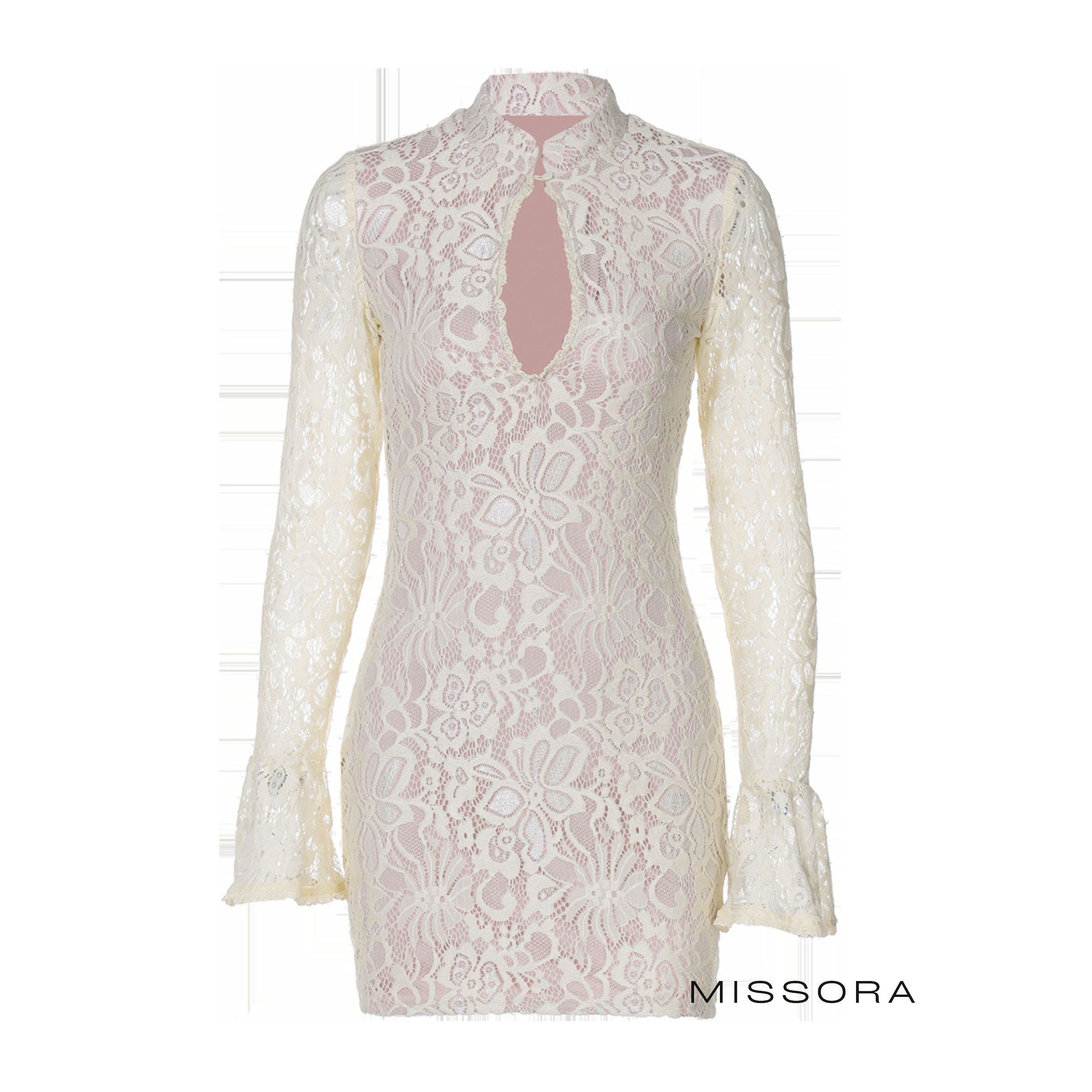 Saphire Dantel Mandarin Yaka Mini Elbise [5OPY9RDO]