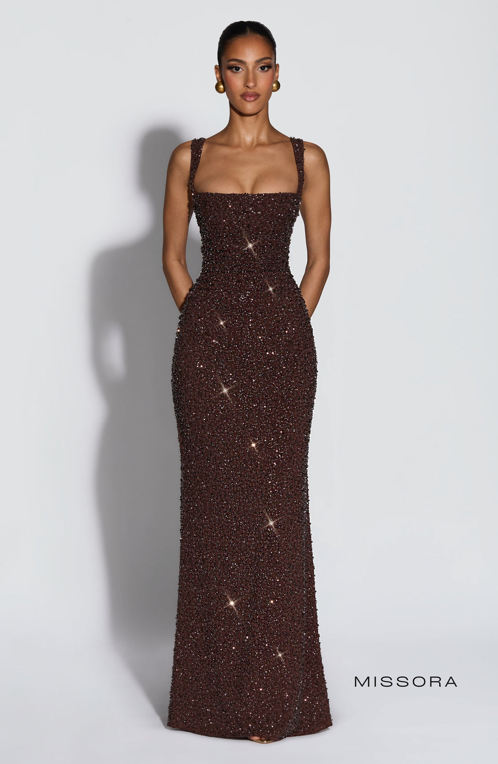 Missora Sonali Sculpting Satin Maxi Dress - Plum Brown Sparkle