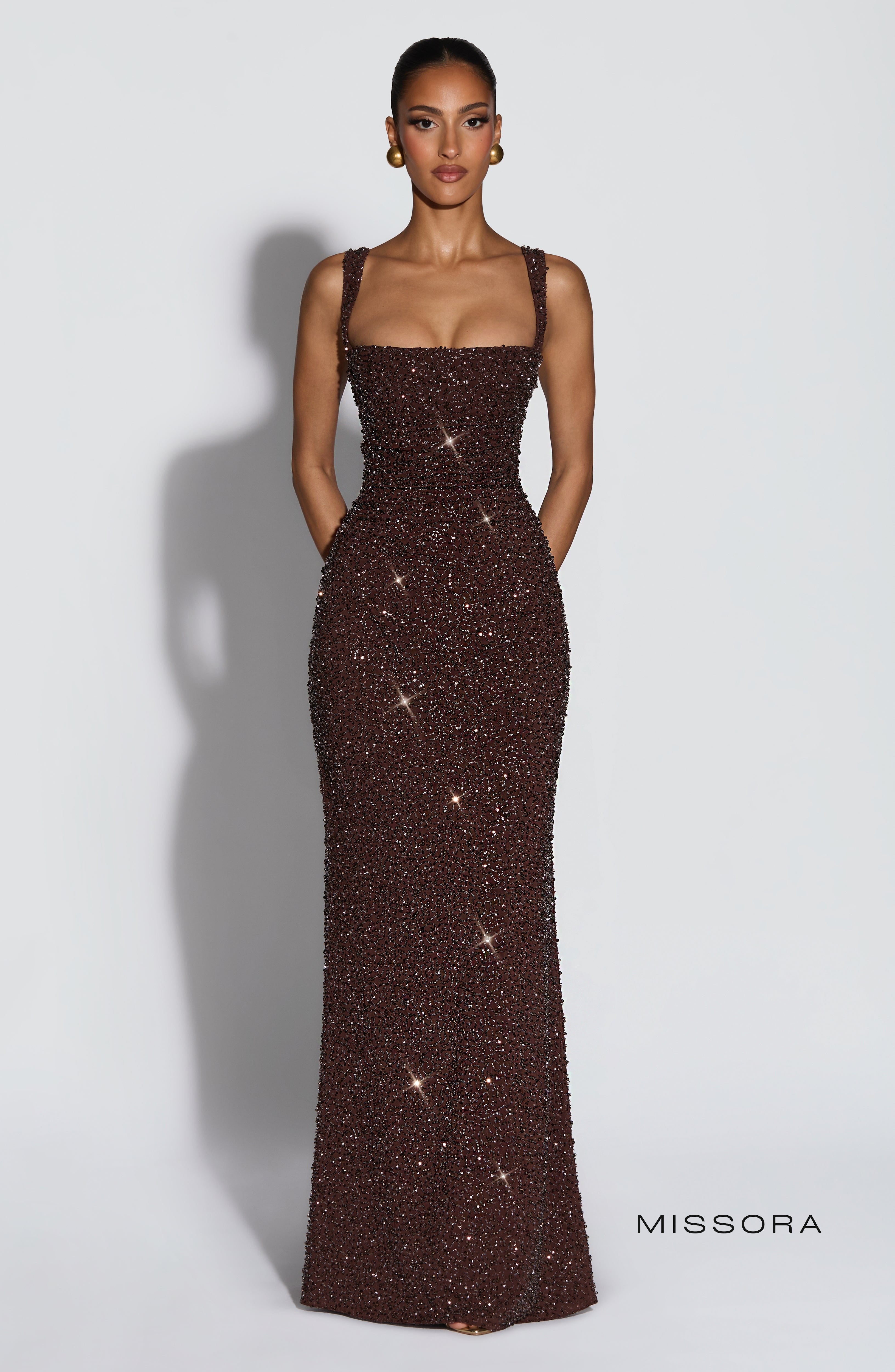 Missora Sonali Sculpting Satin Maxi Dress - Plum Brown Sparkle