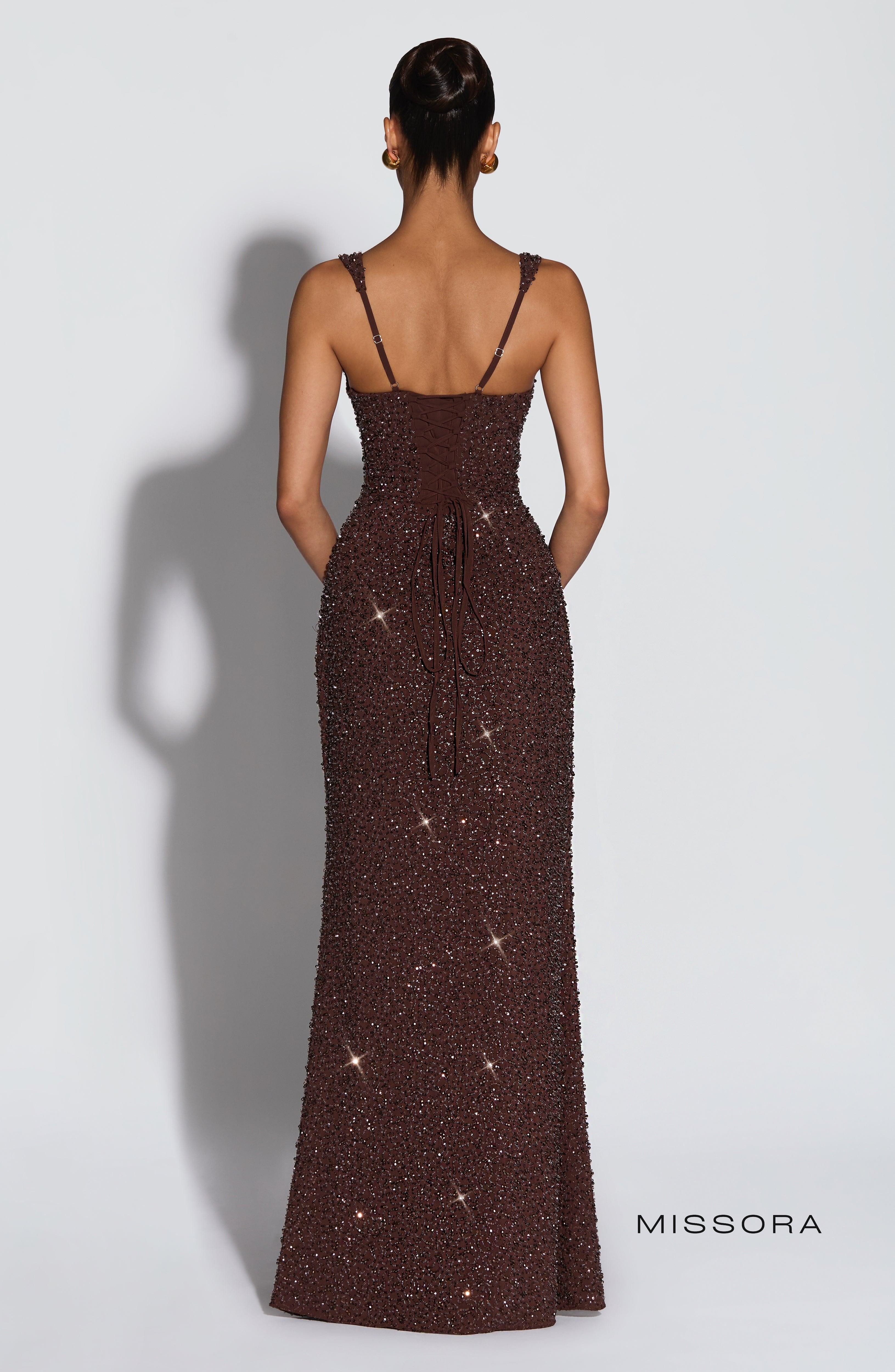 Missora Sonali Sculpting Satin Maxi Dress - Plum Brown Sparkle