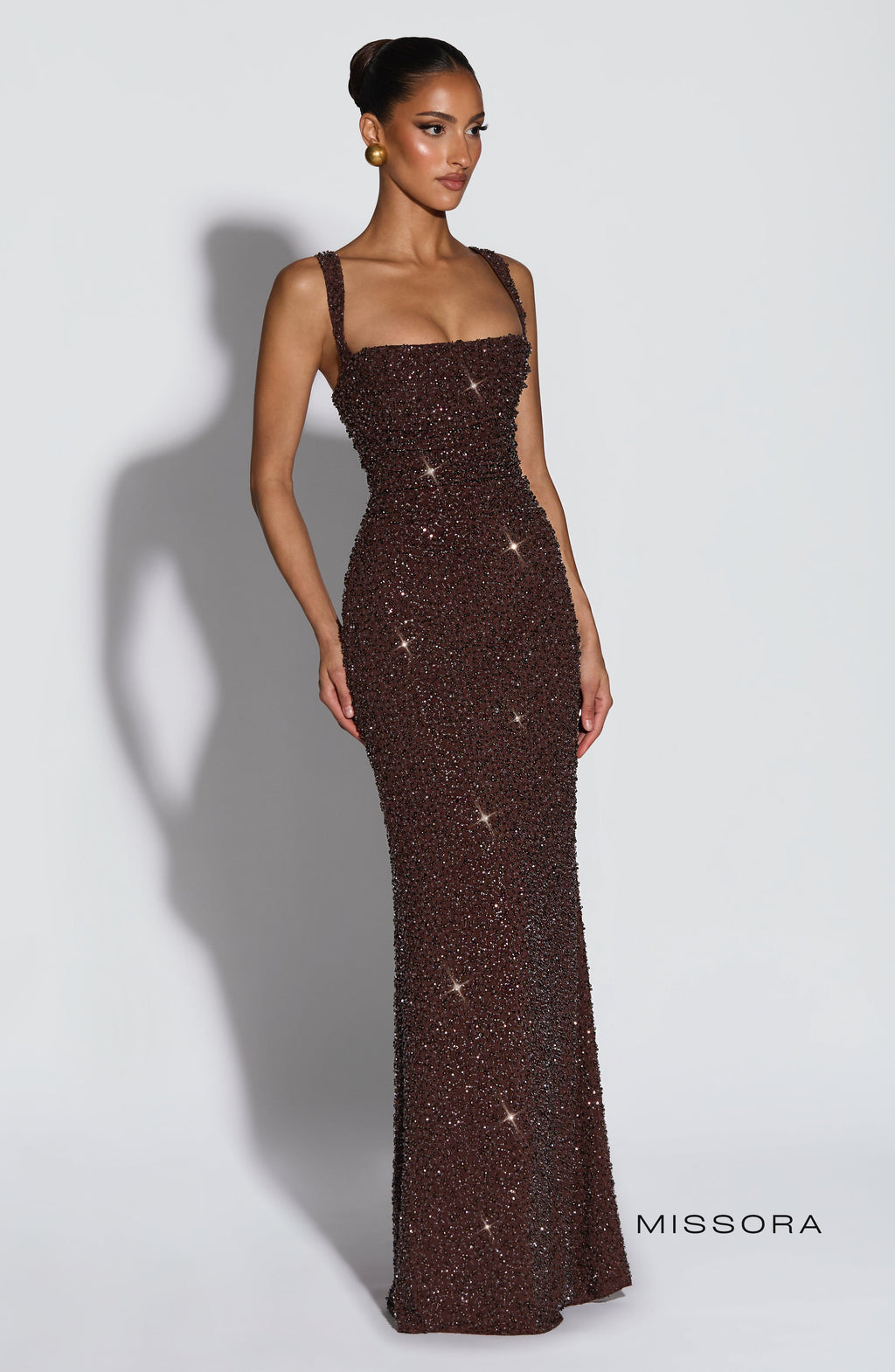 Missora Sonali Sculpting Satin Maxi Dress - Plum Brown Sparkle