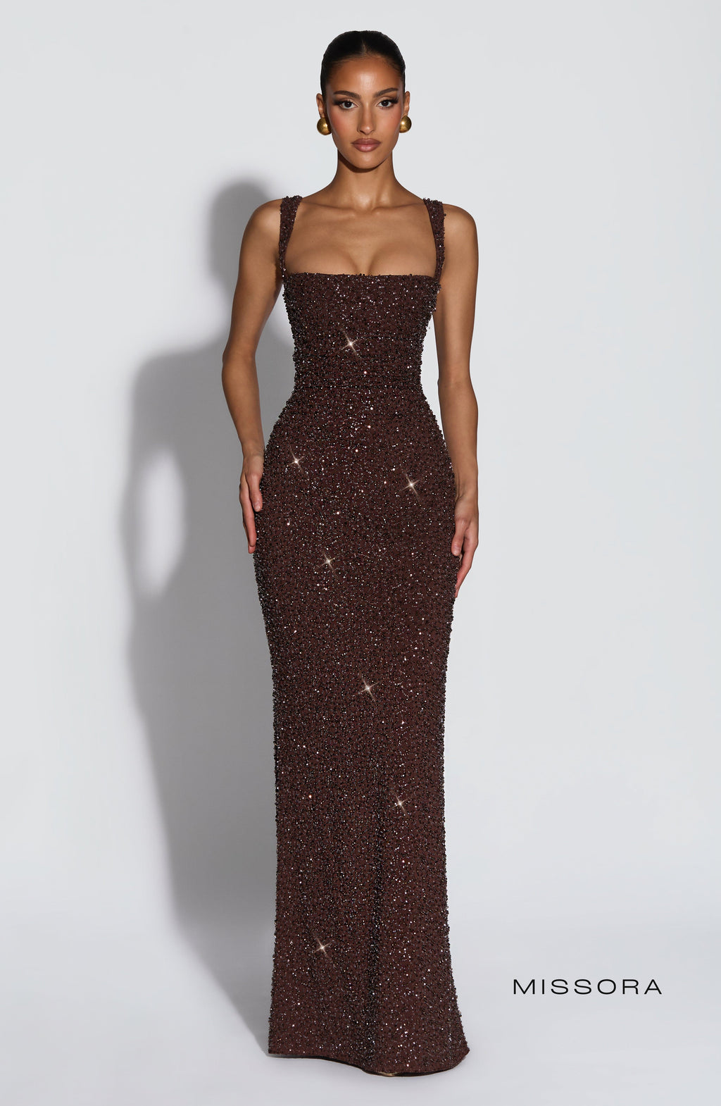 Missora Sonali Sculpting Satin Maxi Dress - Plum Brown Sparkle