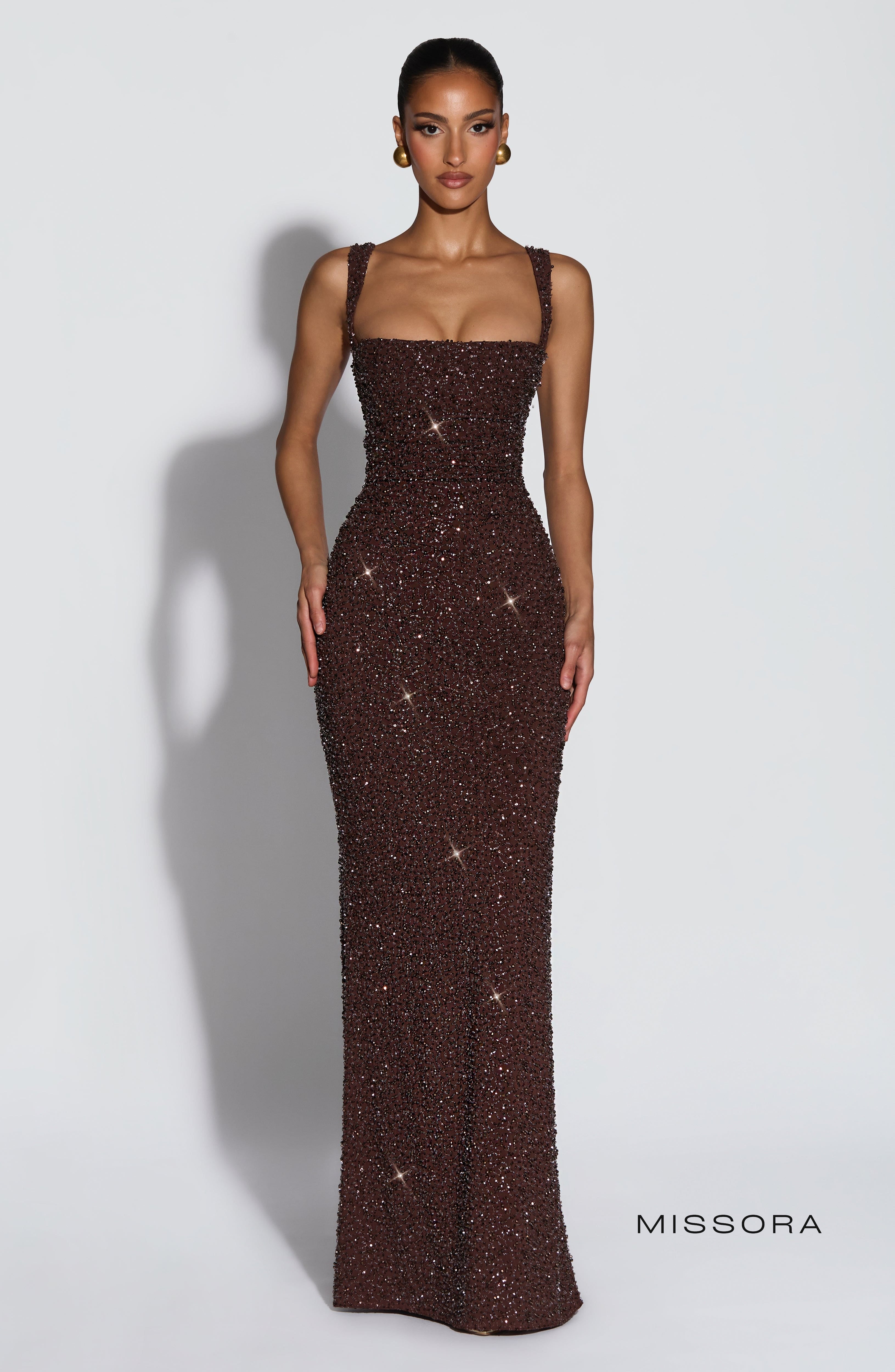 Missora Sonali Sculpting Satin Maxi Dress - Plum Brown Sparkle