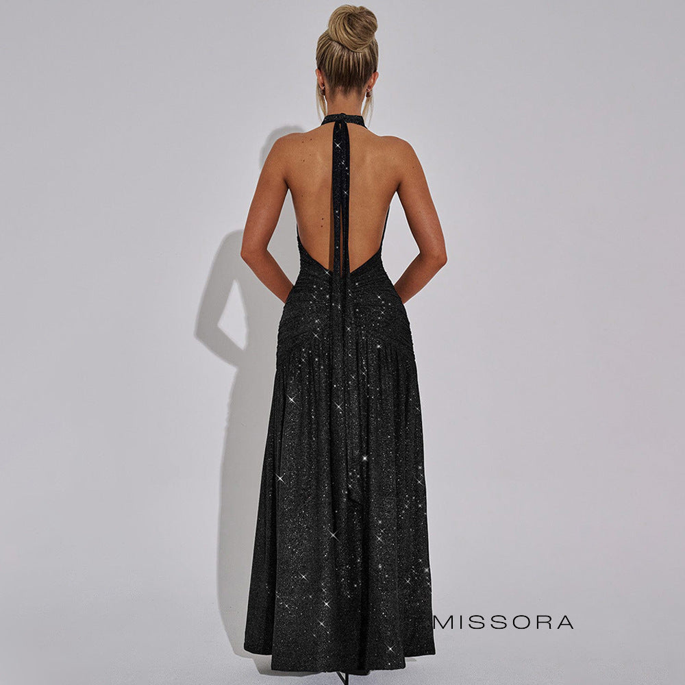 Suhayla Payetli Yırtmaçlı Halter Elbise [OWJQS73M]