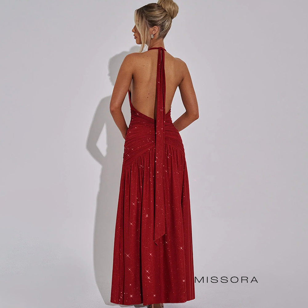 Suhayla Payetli Yırtmaçlı Halter Elbise [M010D16Z]