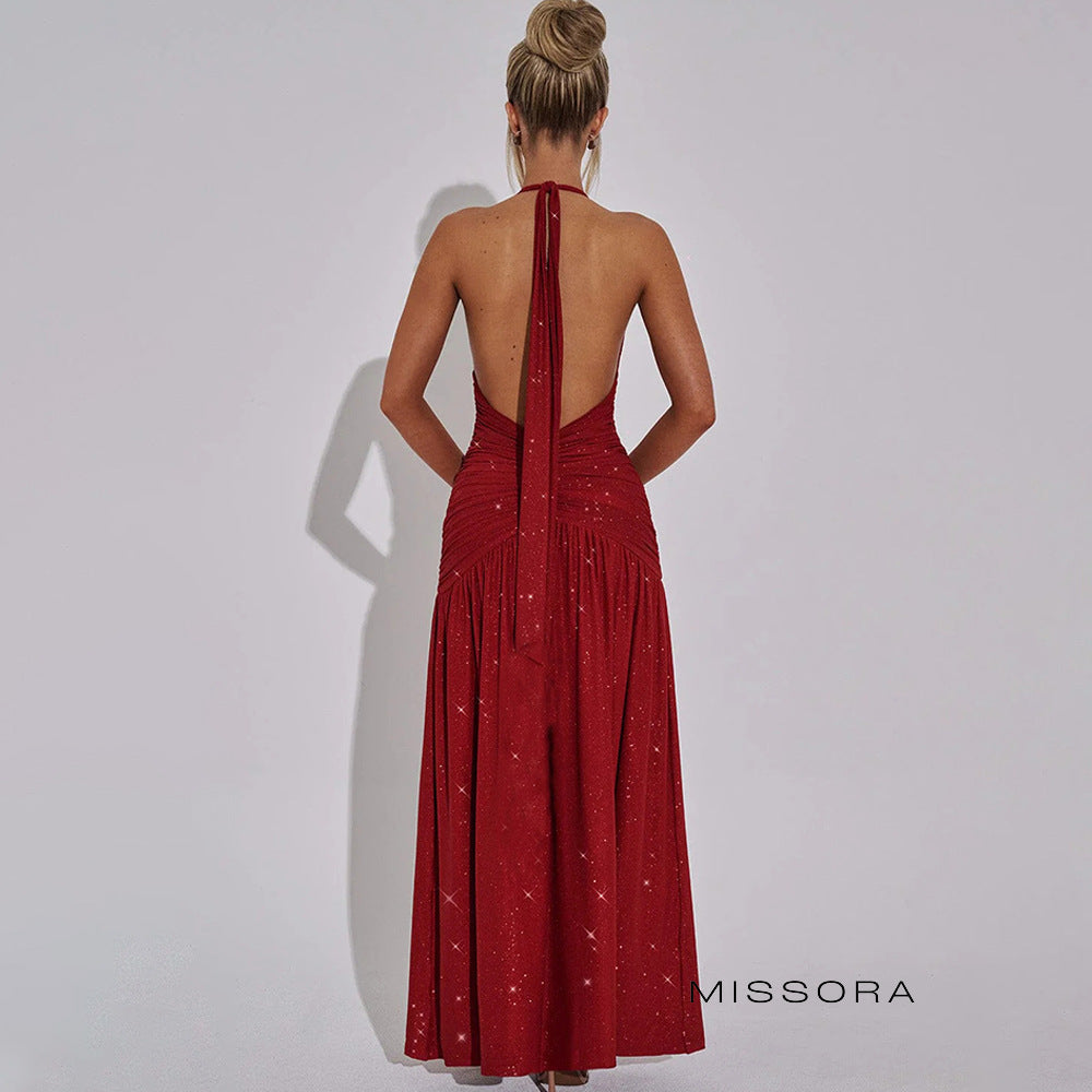 Suhayla Payetli Yırtmaçlı Halter Elbise [89PYJ016]