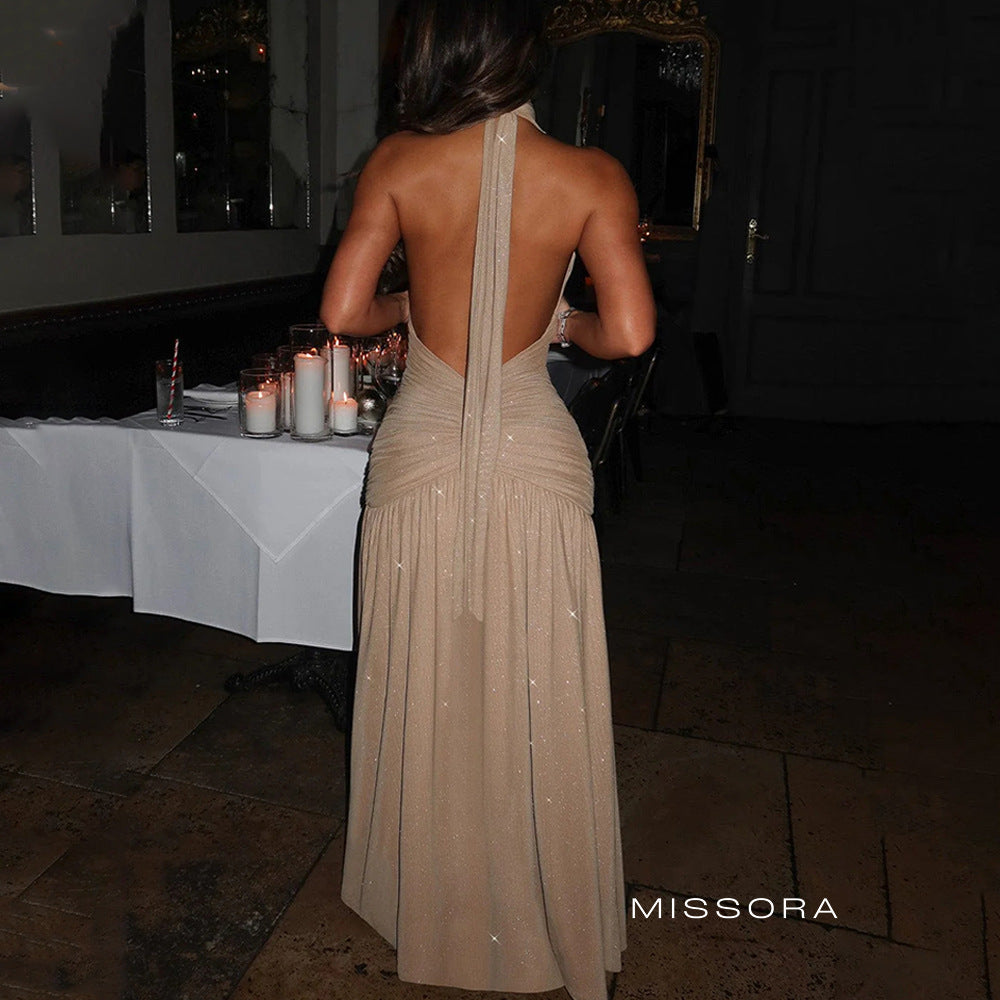 Suhayla Payetli Yırtmaçlı Halter Elbise [HLFMVILB]