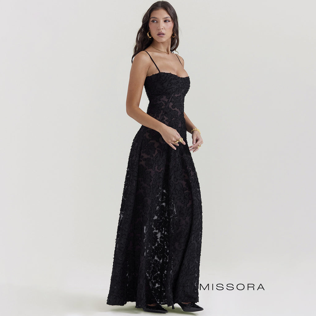 Talia Askılı Jakarlı Uzun Elbise [BJI0R79L]