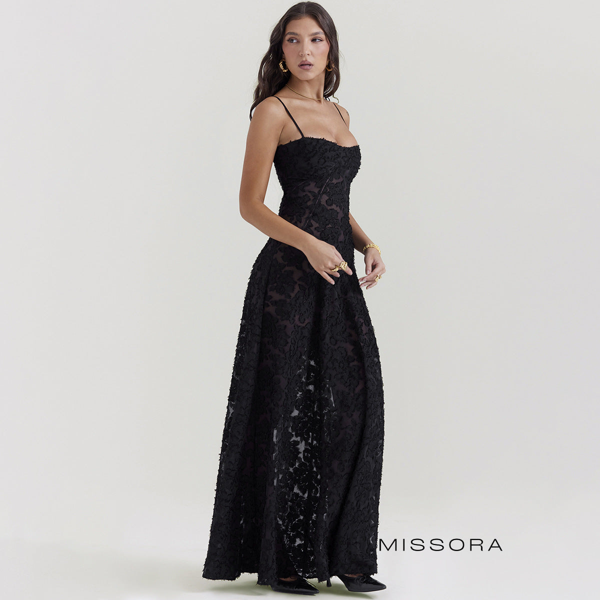 Talia Askılı Jakarlı Uzun Elbise [BJI0R79L]