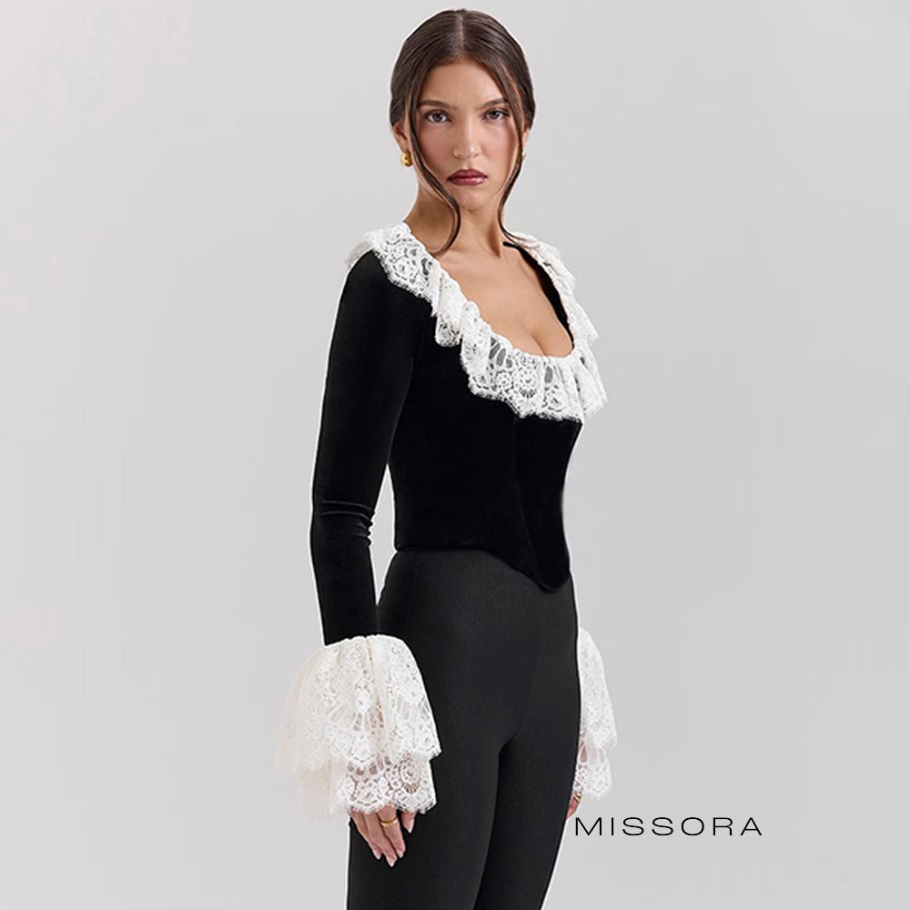 Vanessa Kadife Dantel Korse Crop Top [2K445R1C]