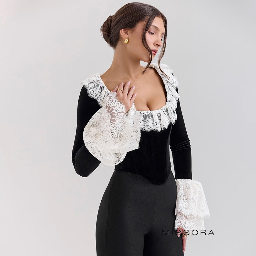 Vanessa Kadife Dantel Korse Crop Top [QY0RJT32]