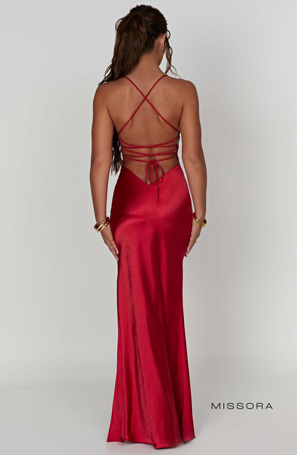 Missora Verna Red Satin Maxi Dress