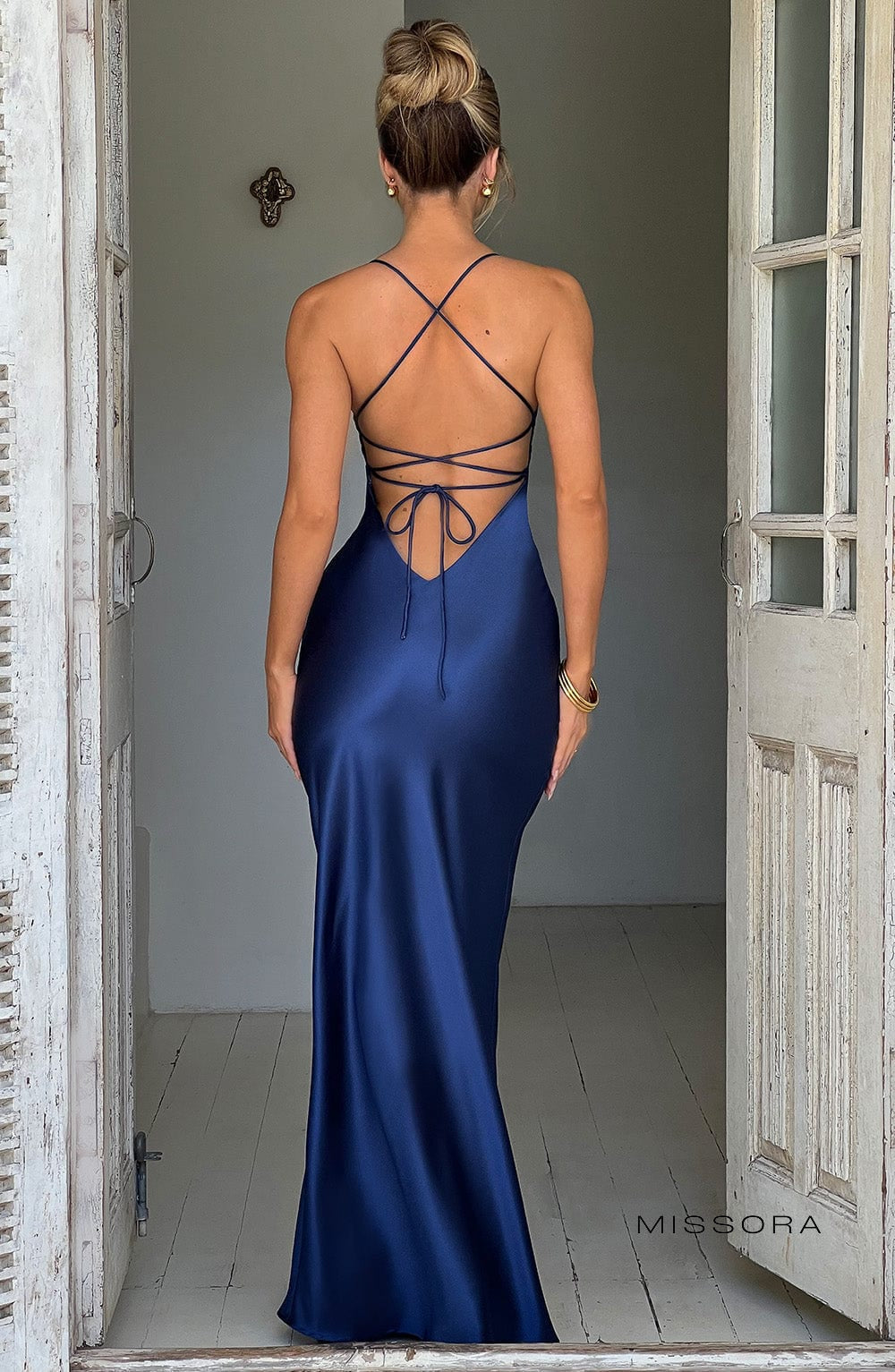Missora Verna Red Satin Maxi Dress - Navy