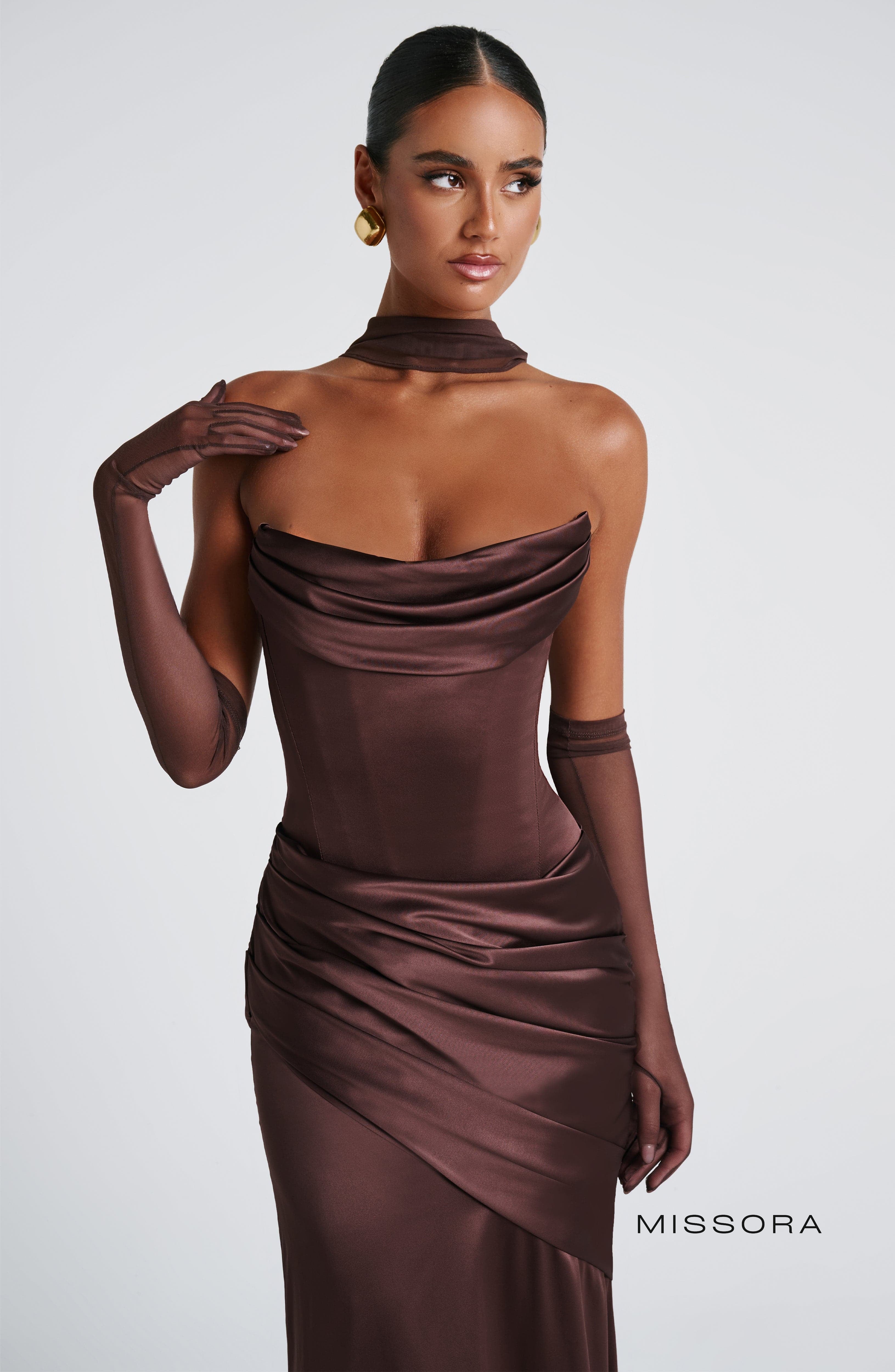 Missora Zephyr Draped Mermaid Maxi Dress - Plum Brown