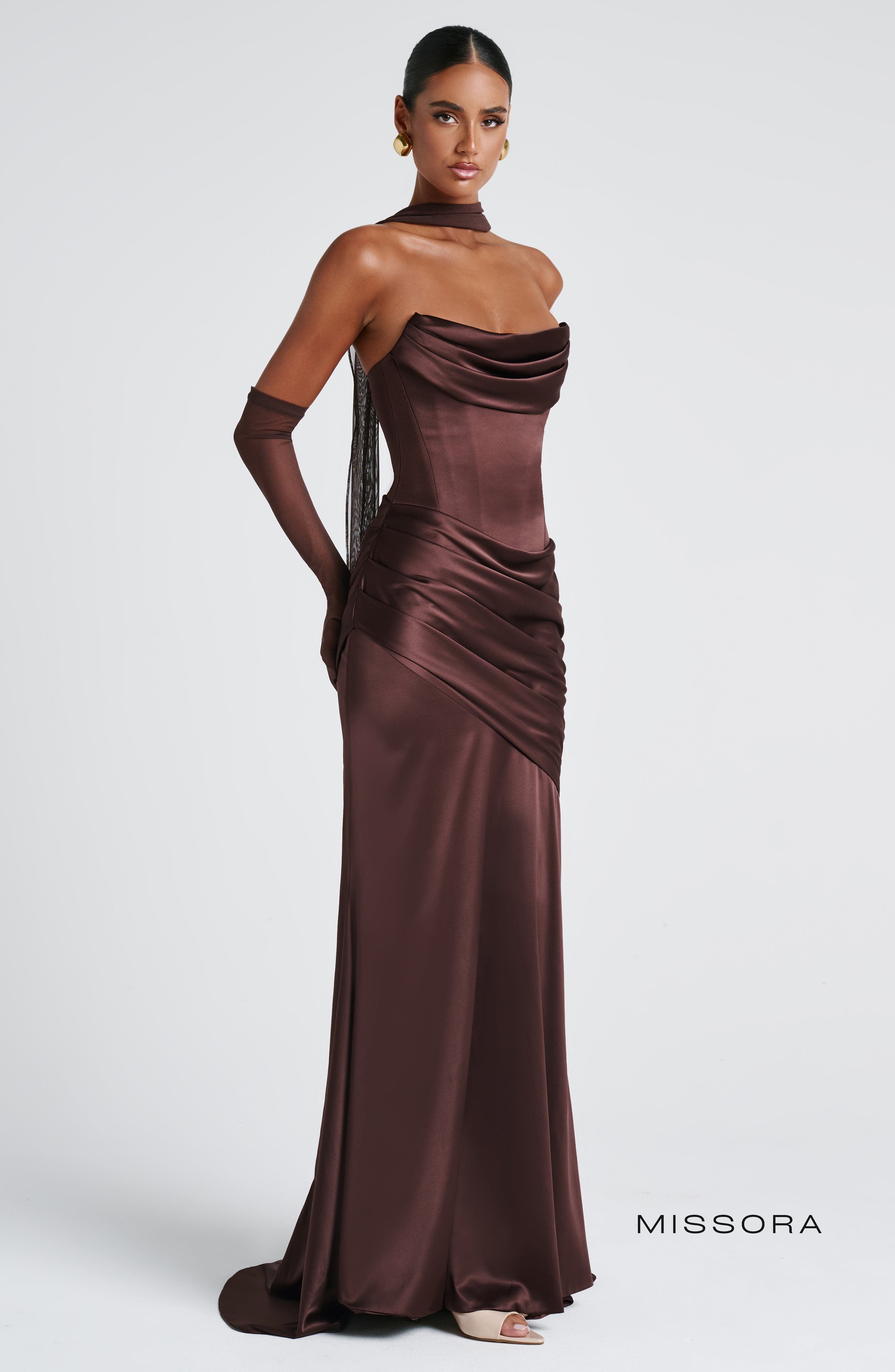 Missora Zephyr Draped Mermaid Maxi Dress - Plum Brown