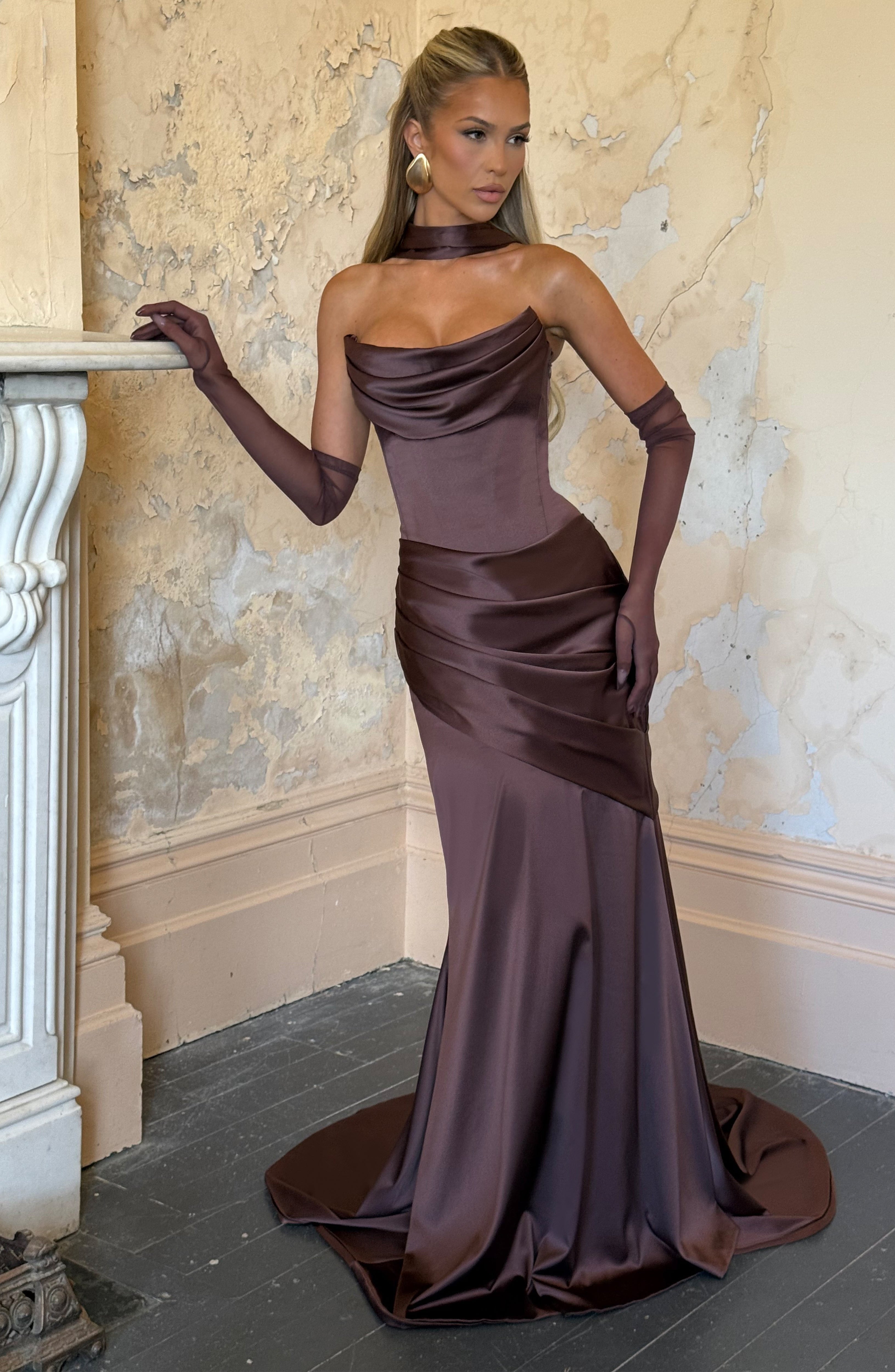 Missora Zephyr Draped Mermaid Maxi Dress - Plum Brown