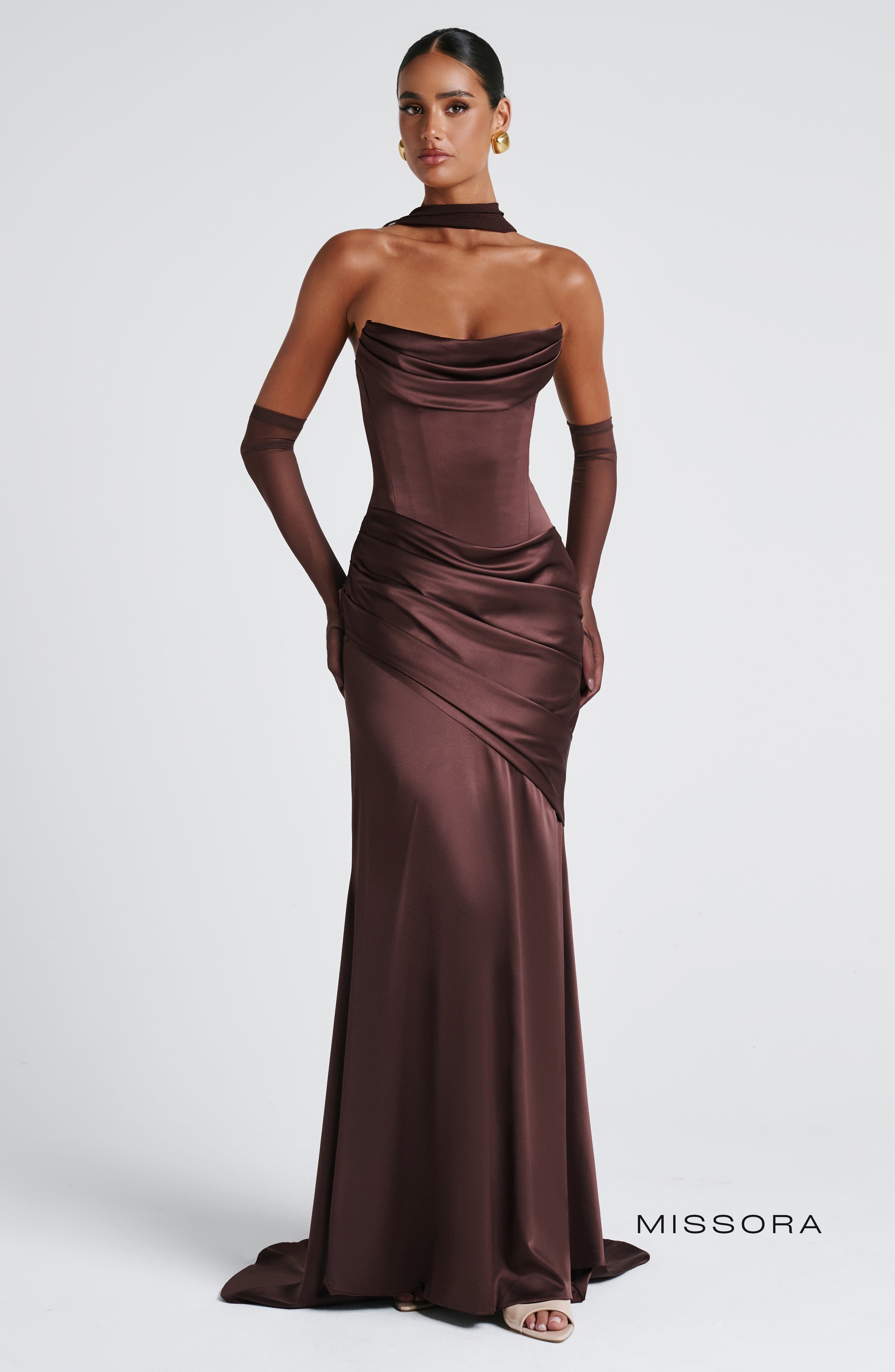 Missora Zephyr Draped Mermaid Maxi Dress - Plum Brown