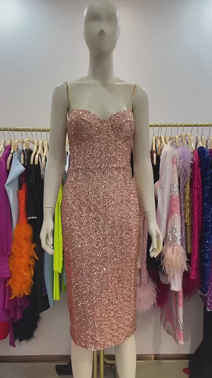 Nya Altın Payetli Midi Elbise